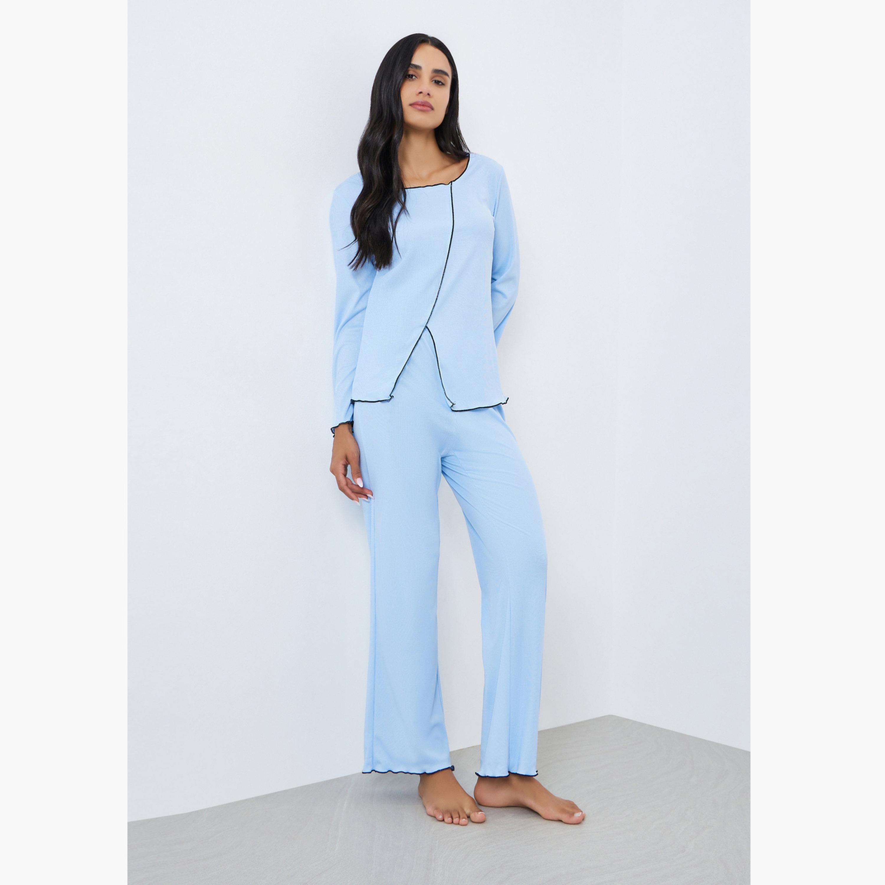 Styli Rib Overlock Seam Top and Pyjama Set-women-clothing-nightwear-pyjamas-longsets-image-1
