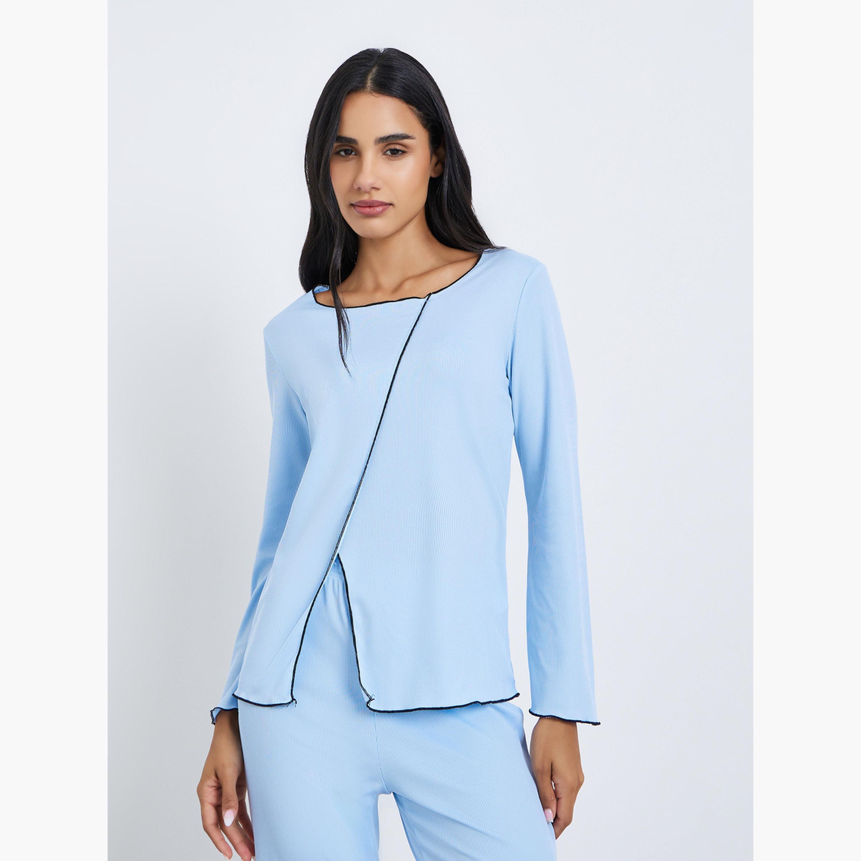 Styli Rib Overlock Seam Top and Pyjama Set-women-clothing-nightwear-pyjamas-longsets-image-2