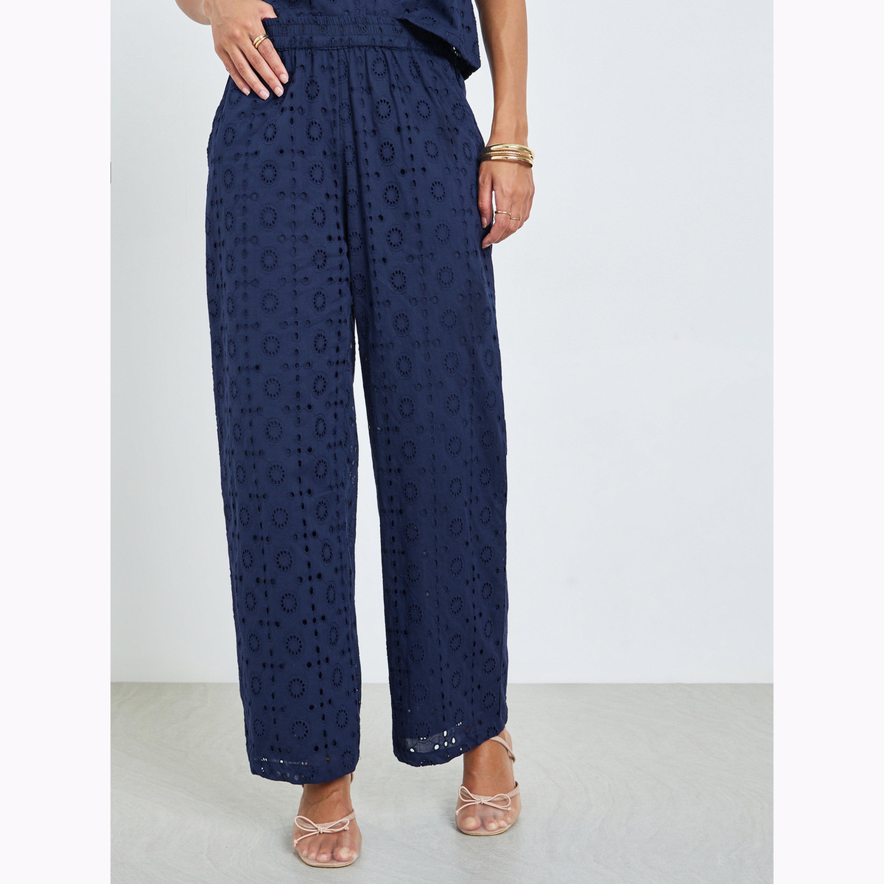 Styli Navy Blue Embroidered Eyelet Top and Trousers Co-Ords-women-clothing-coordsets-image-4