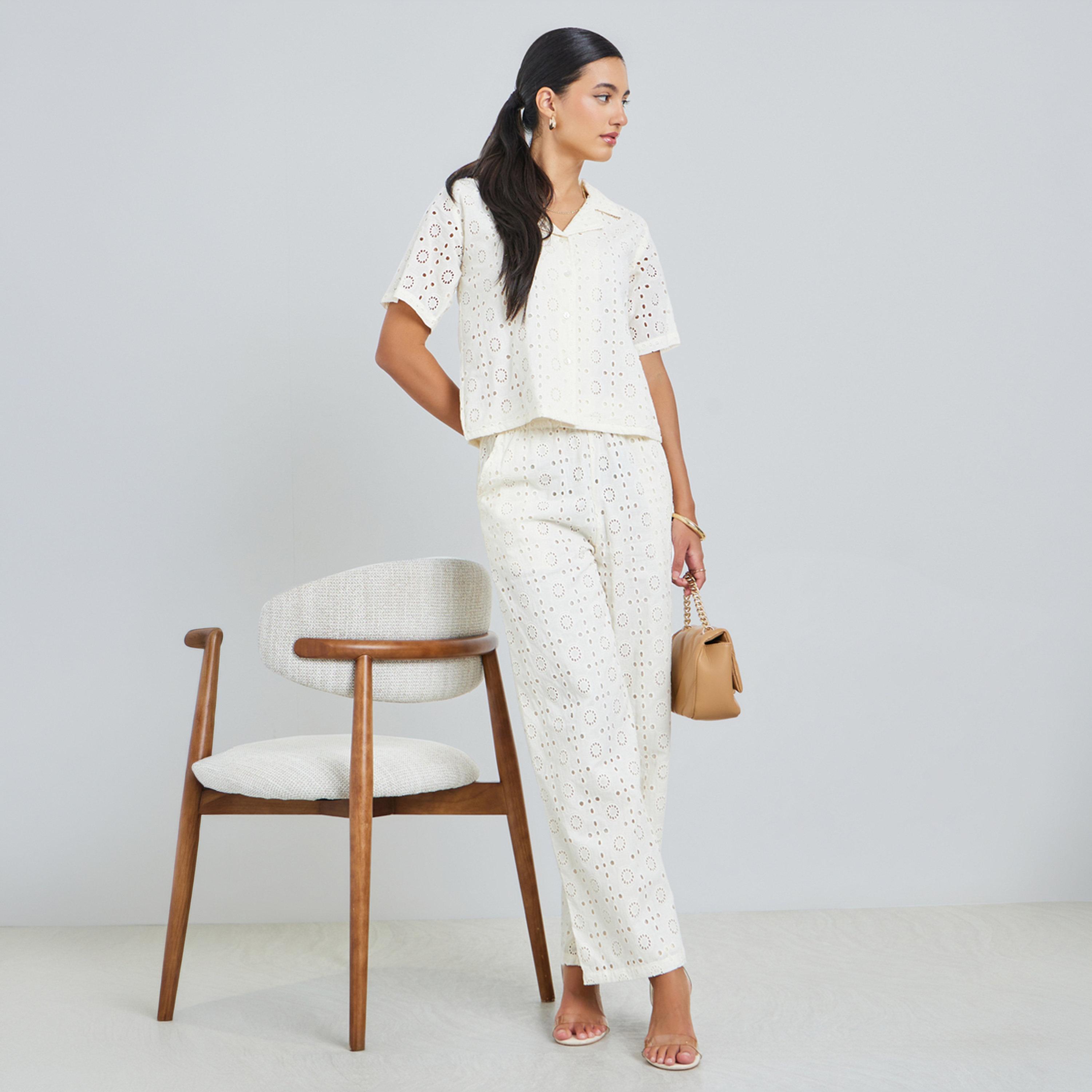 Styli White Embroidered Eyelet Top and Trousers Co-Ords-women-clothing-coordsets-image-1