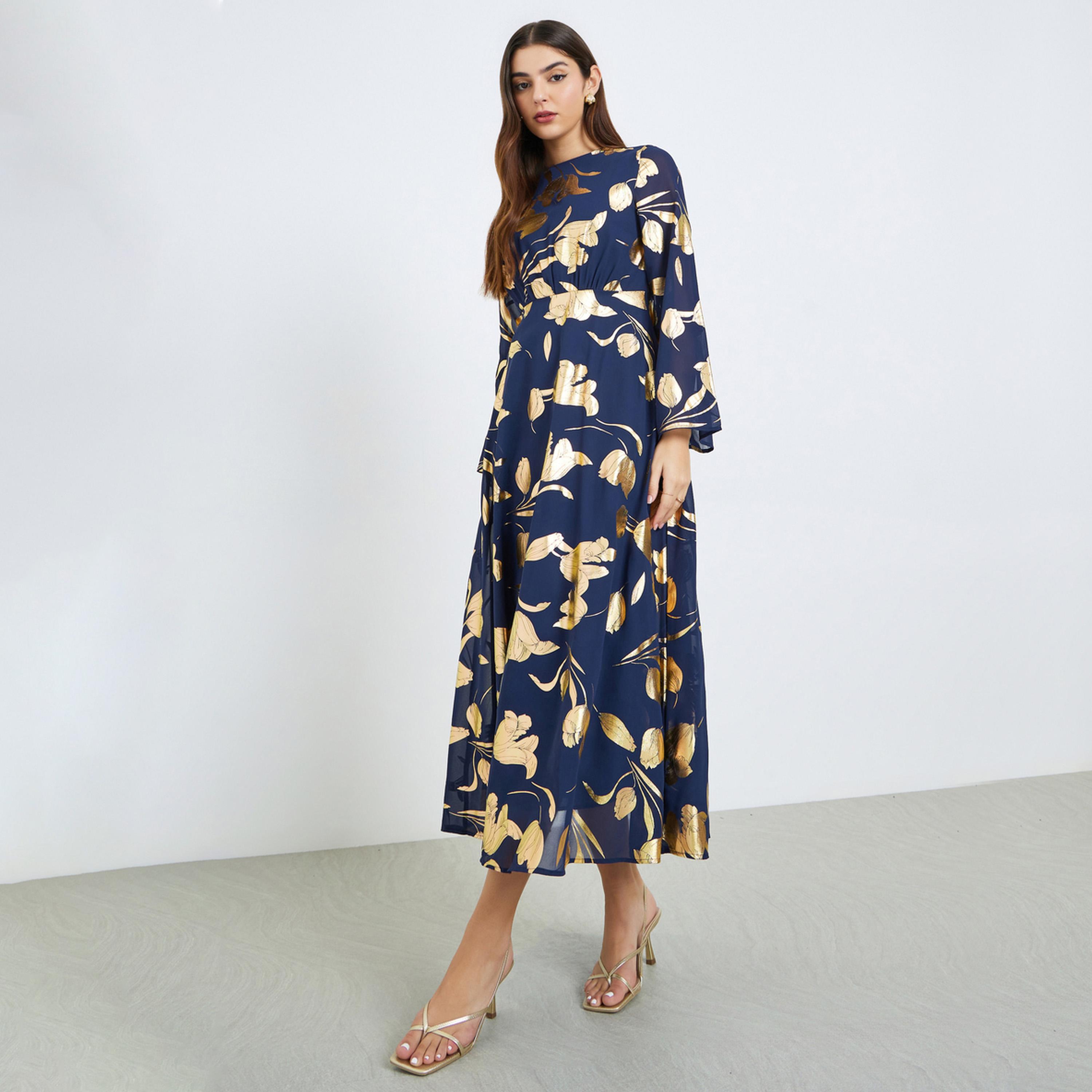 فستان طويل بطبعة لامعة وتصميم مريح-women-clothing-dresses-image-1