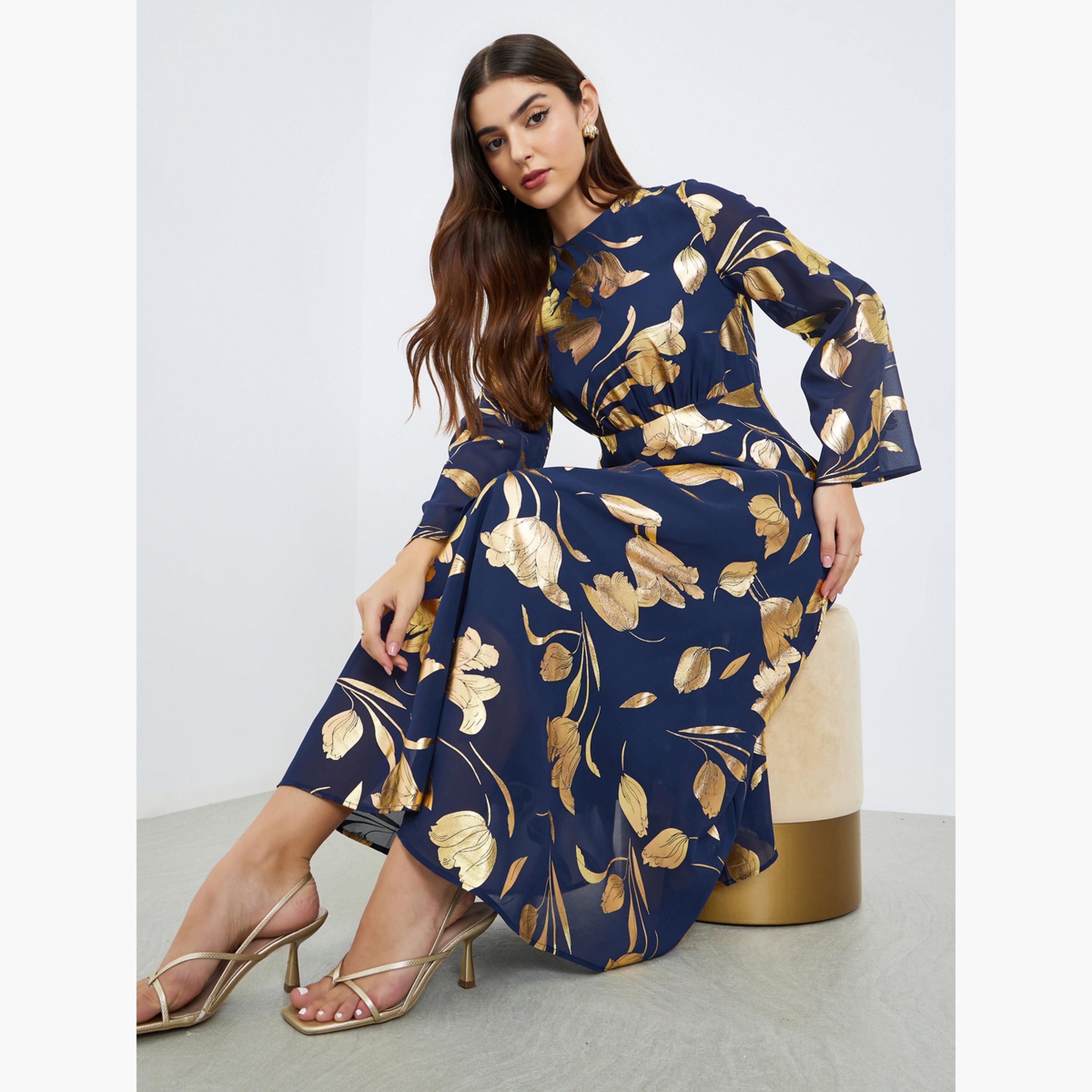 فستان طويل بطبعة لامعة وتصميم مريح-women-clothing-dresses-image-2