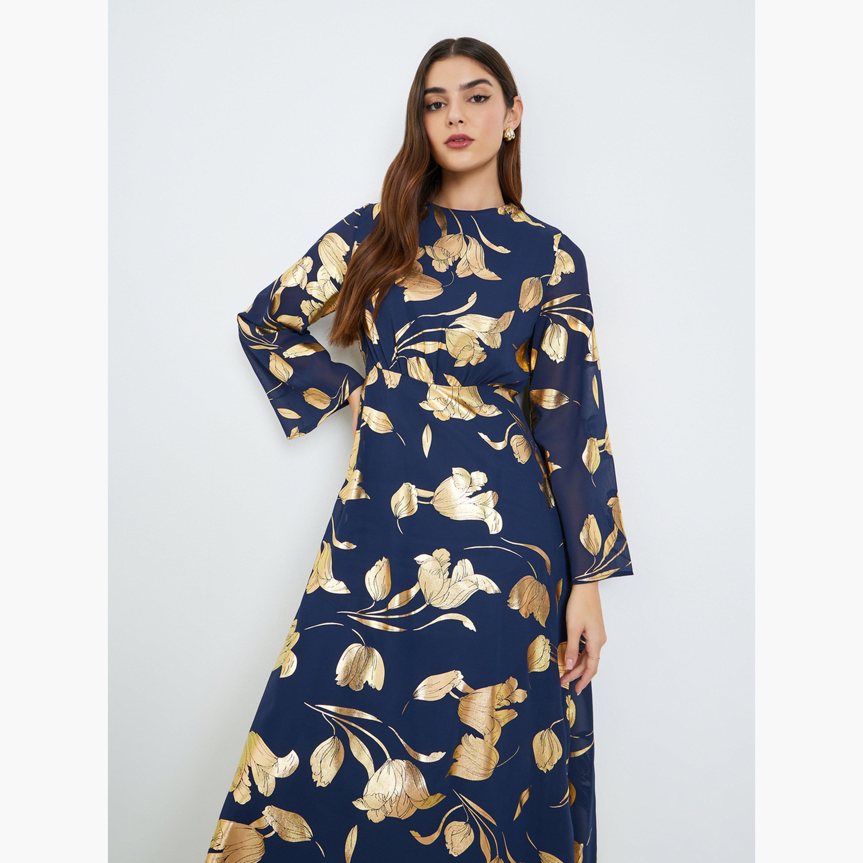 Styli Women Navy Blue Foil Print A-Line Maxi Dress-women-clothing-dresses-image-4