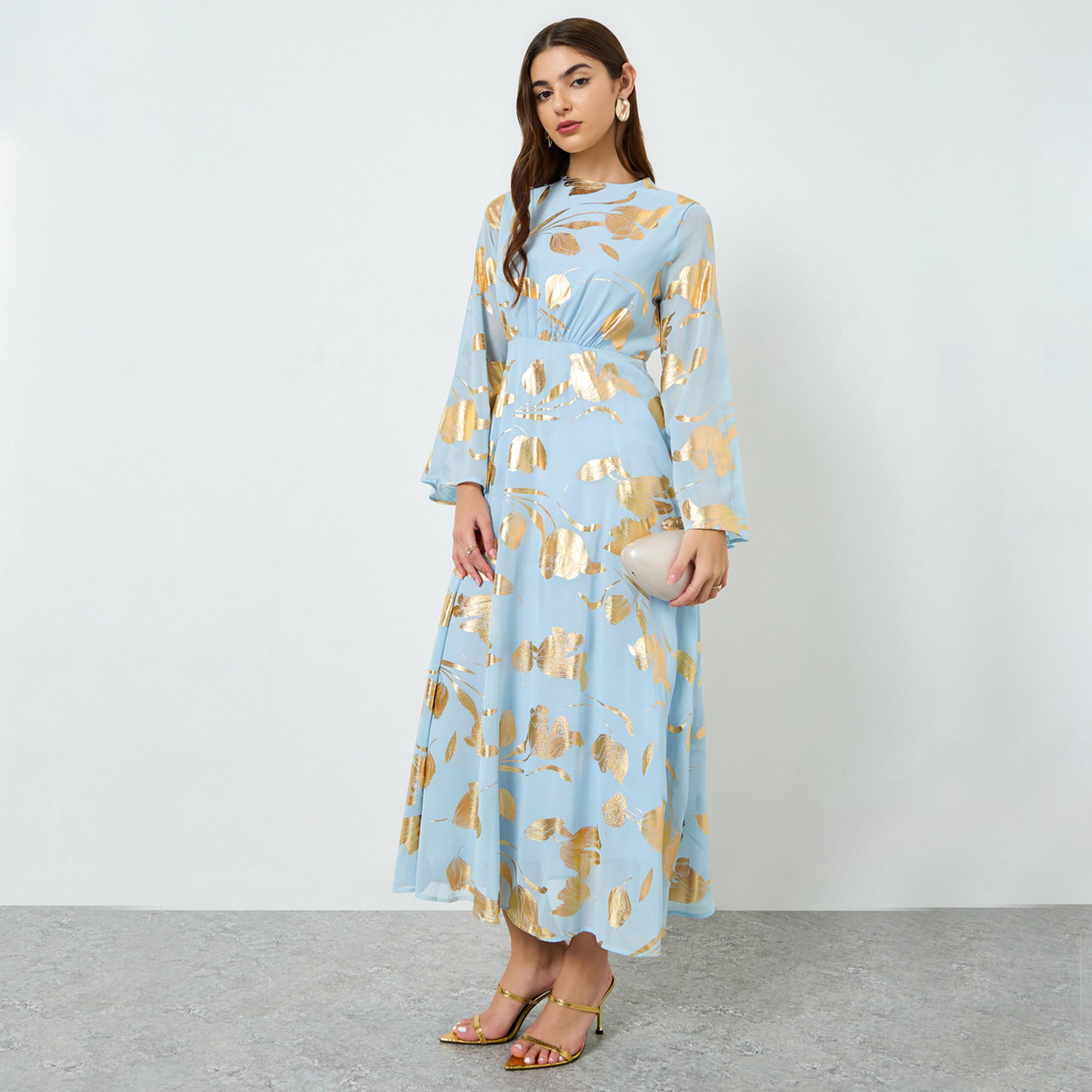 Styli Women Blue Foil Print A-Line Maxi Dress-women-clothing-dresses-image-1