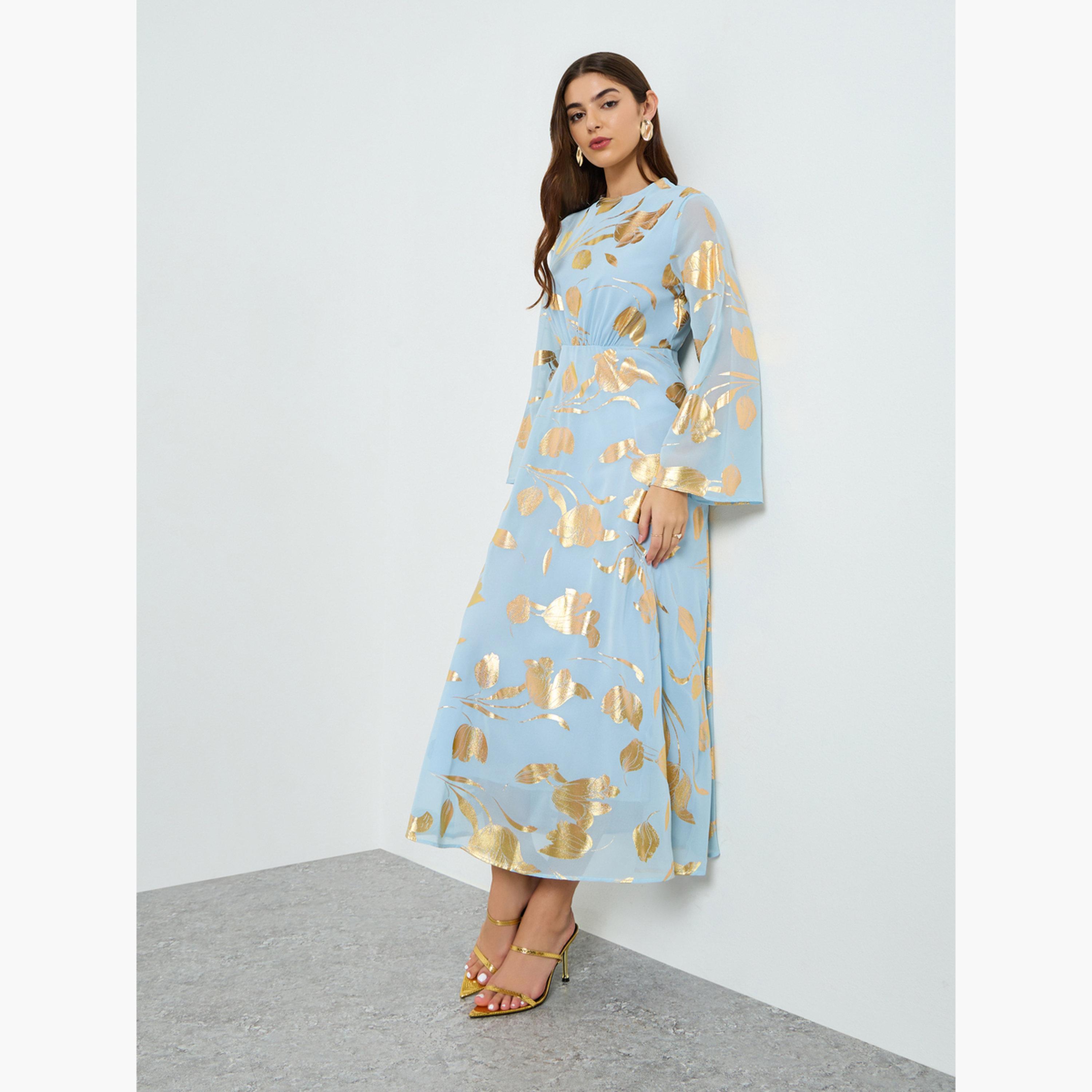 Styli Women Blue Foil Print A-Line Maxi Dress-women-clothing-dresses-image-2
