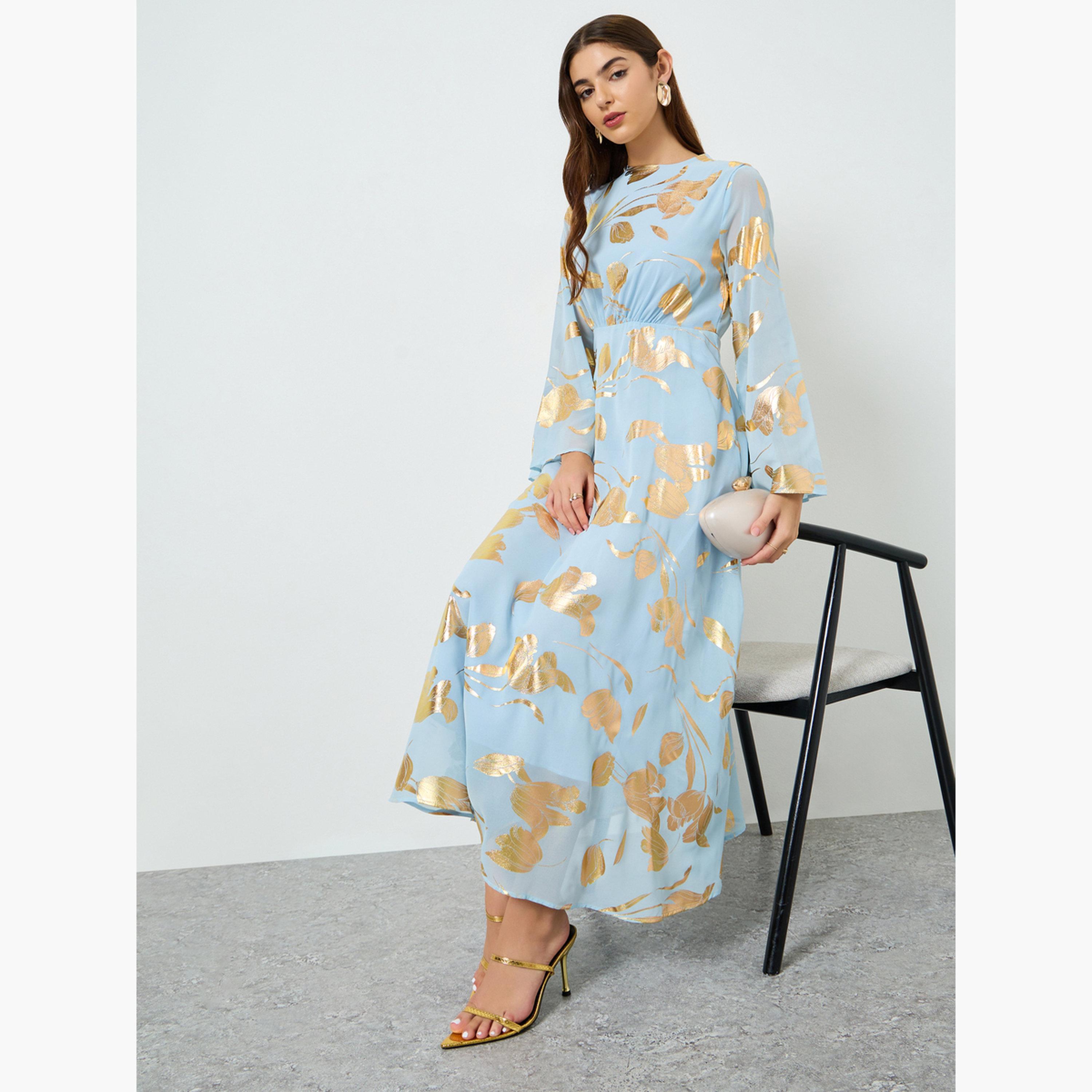 فستان طويل بحافة واسعة وطبعة فويل-women-clothing-dresses-image-3