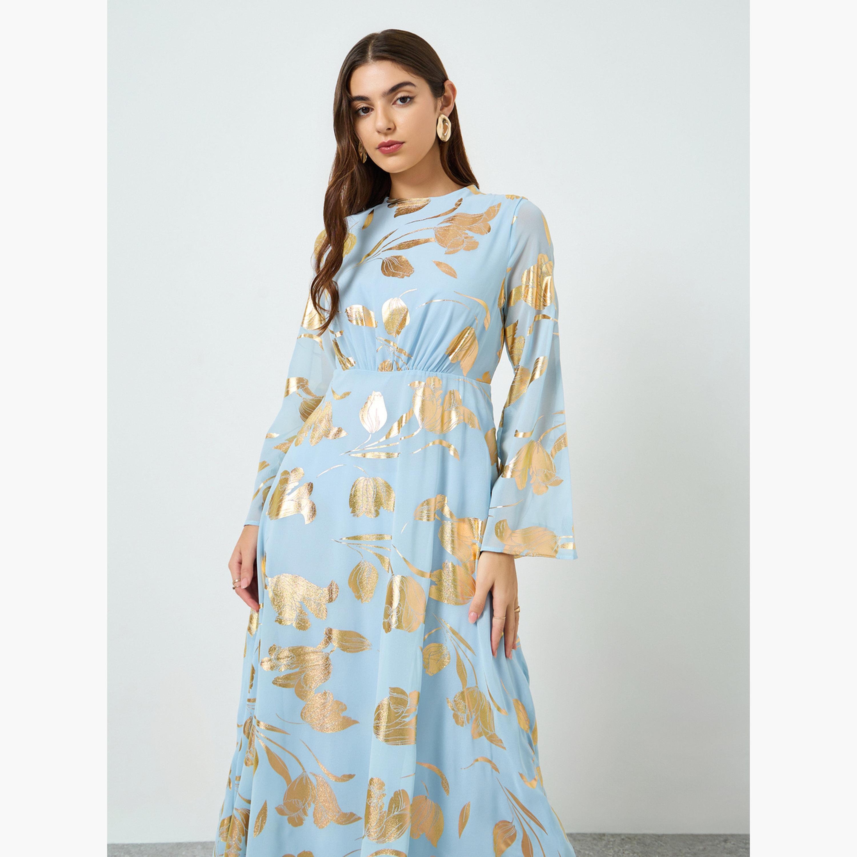 Styli Women Blue Foil Print A-Line Maxi Dress-women-clothing-dresses-image-5