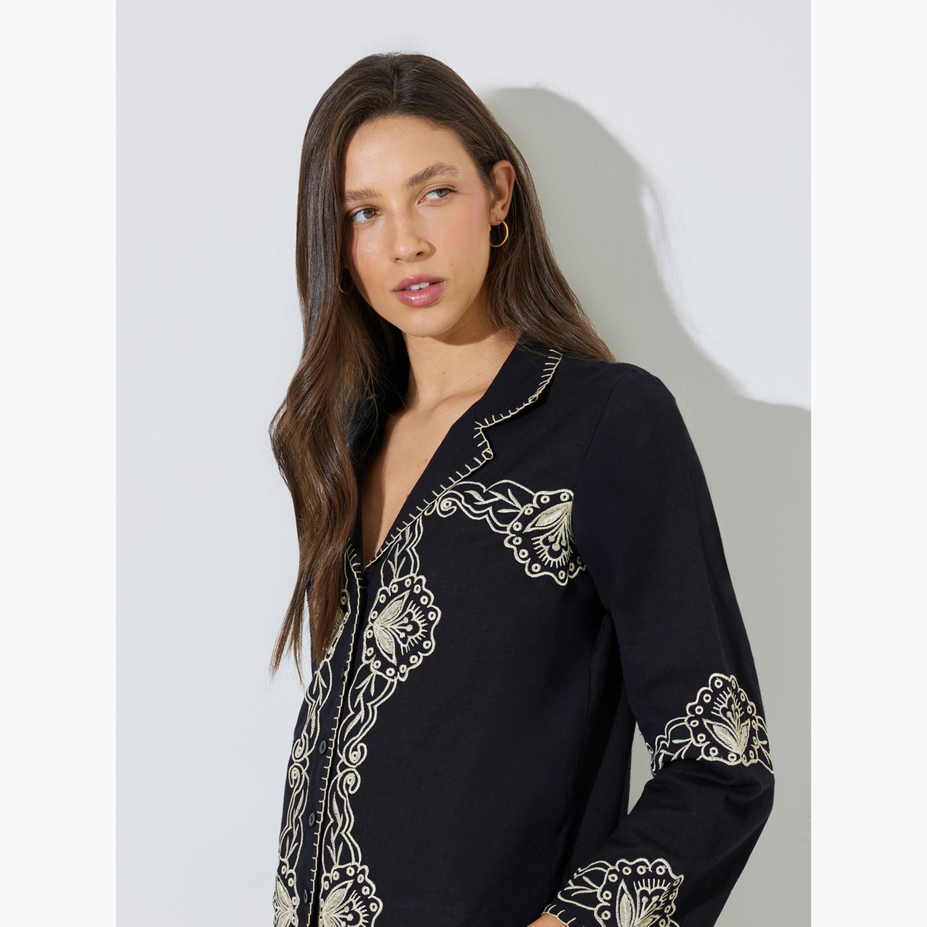 ستايلي - قميص قطني أسود مطرز بياقة منتجع-women-clothing-shirtsandblouses-shirts-image-5