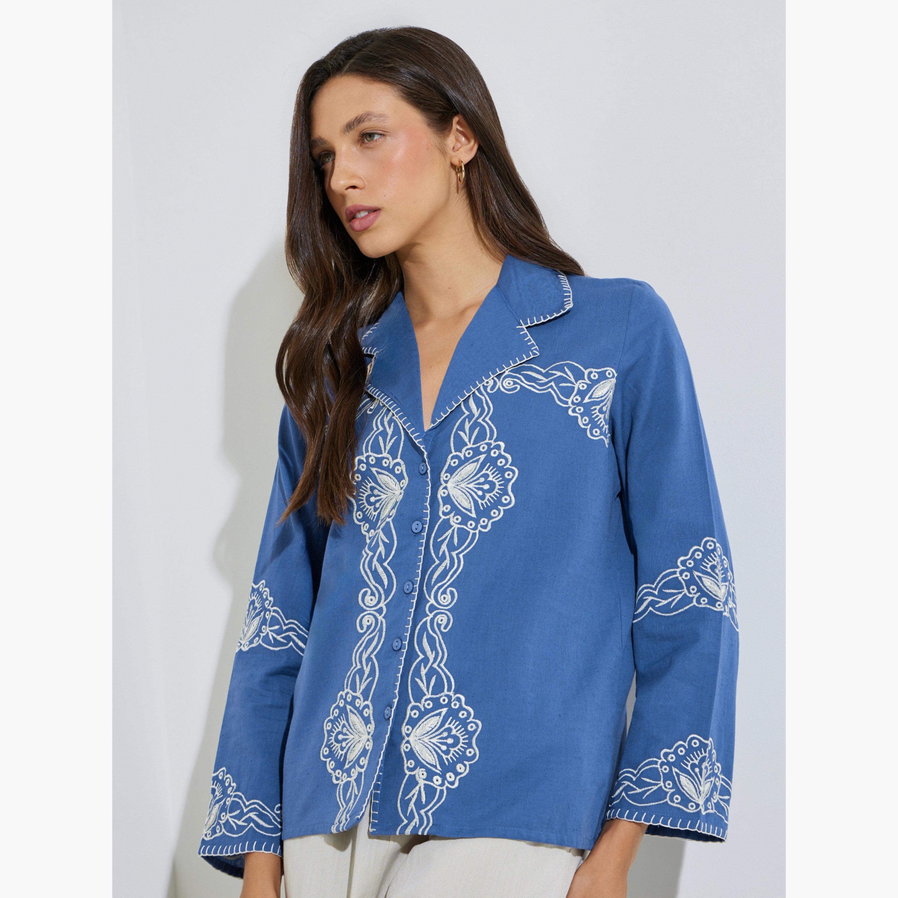 ستايلي - قميص قطني أزرق مطرز بياقة منتجع-women-clothing-shirtsandblouses-shirts-image-1