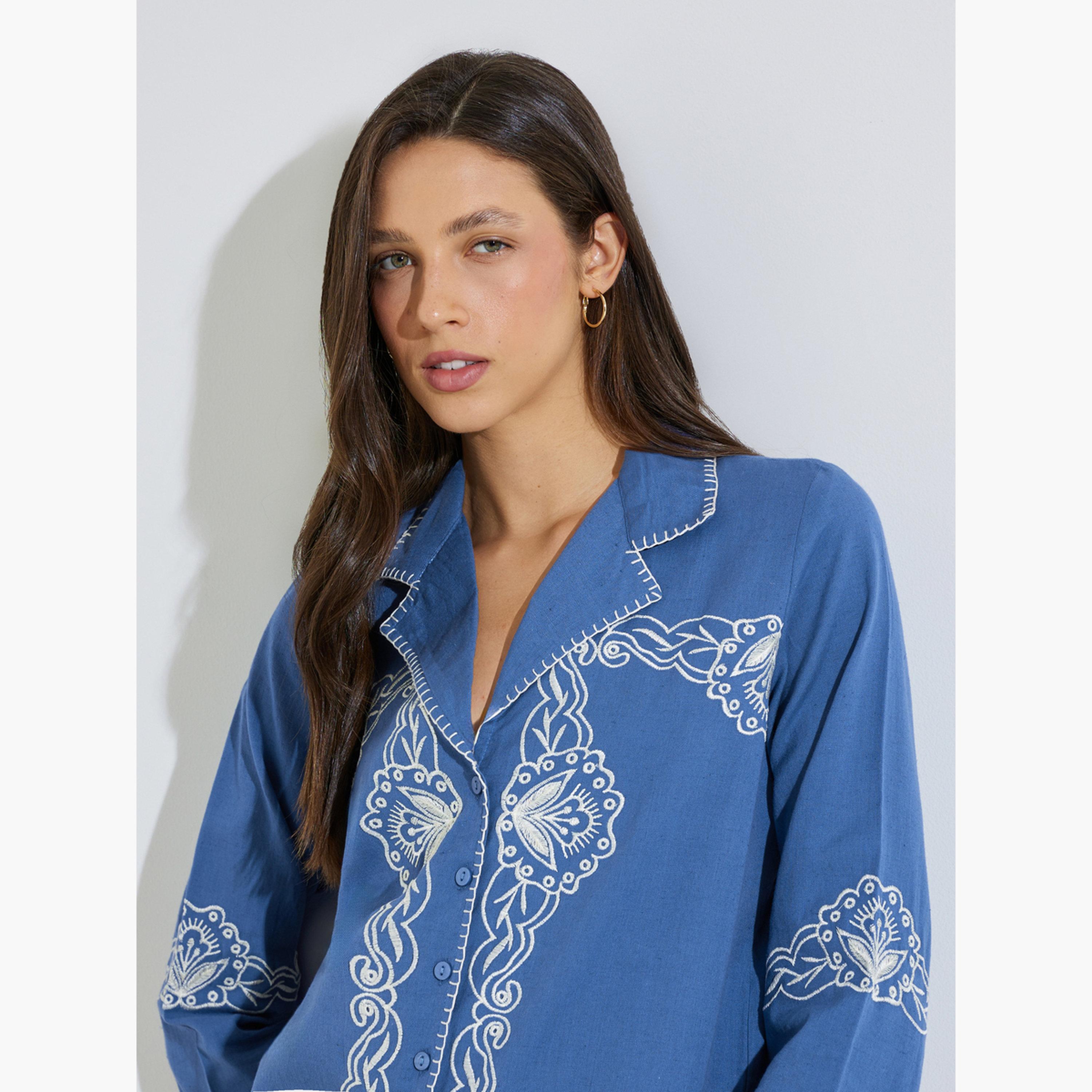 ستايلي - قميص قطني أزرق مطرز بياقة منتجع-women-clothing-shirtsandblouses-shirts-image-3