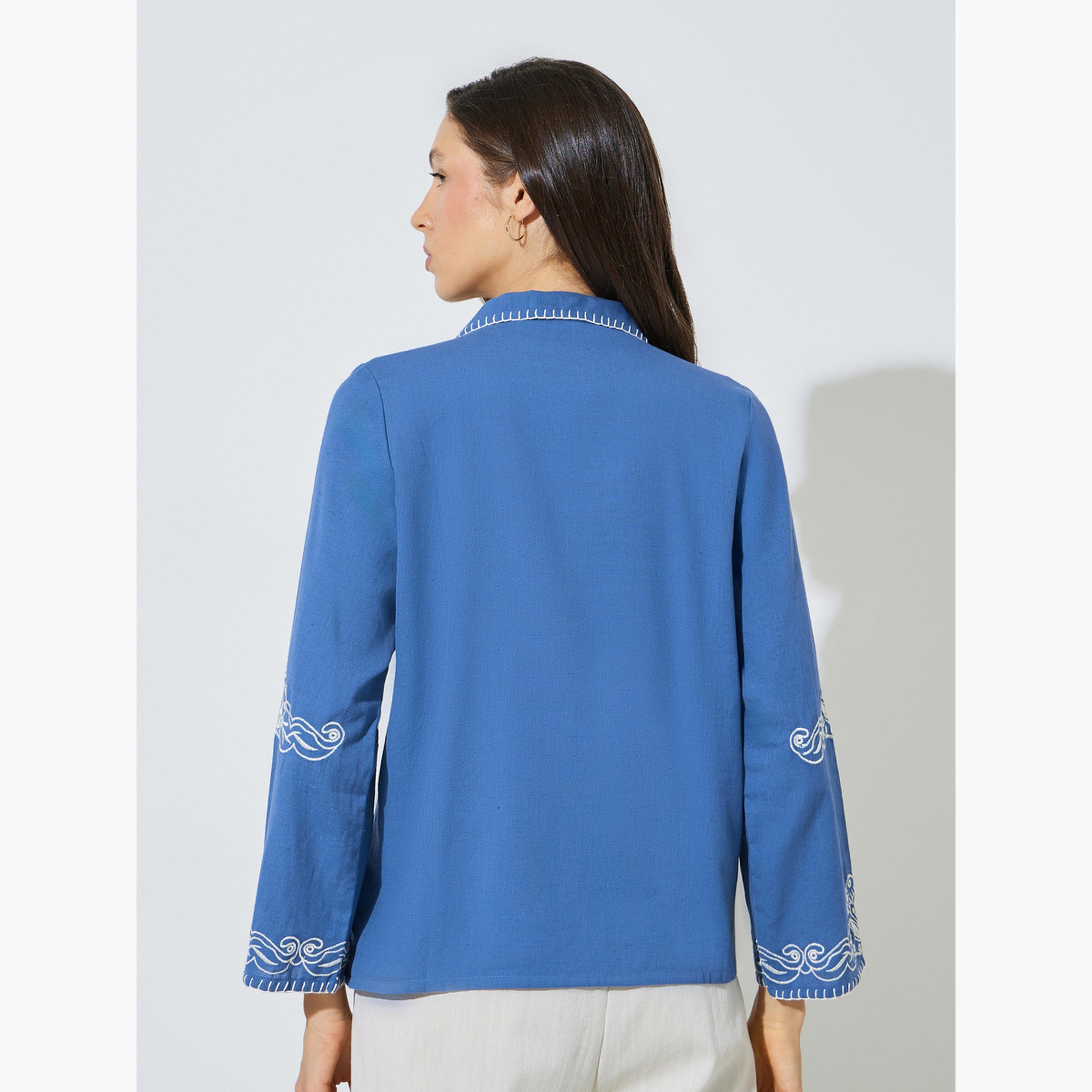 ستايلي - قميص قطني أزرق مطرز بياقة منتجع-women-clothing-shirtsandblouses-shirts-image-4