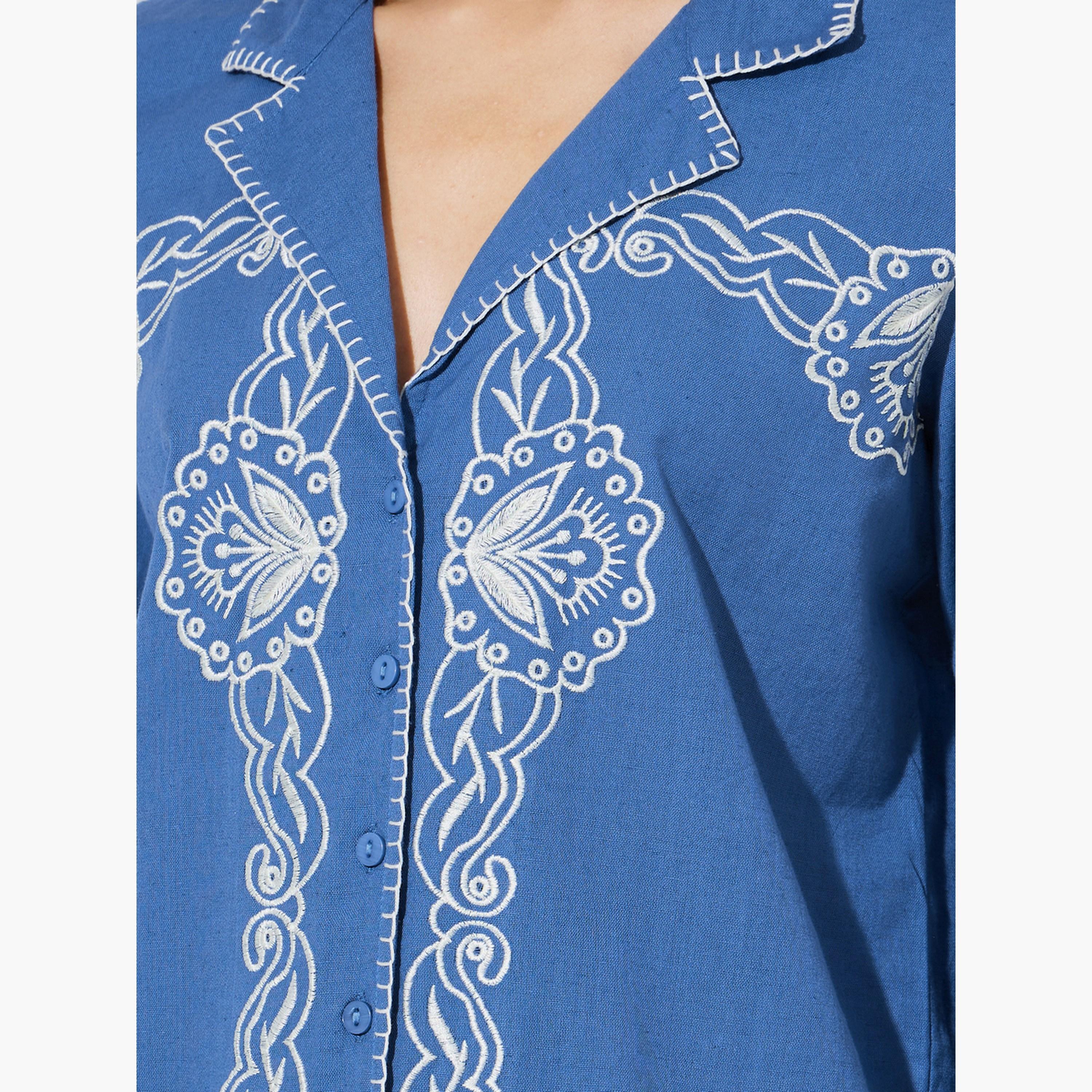 ستايلي - قميص قطني أزرق مطرز بياقة منتجع-women-clothing-shirtsandblouses-shirts-image-5