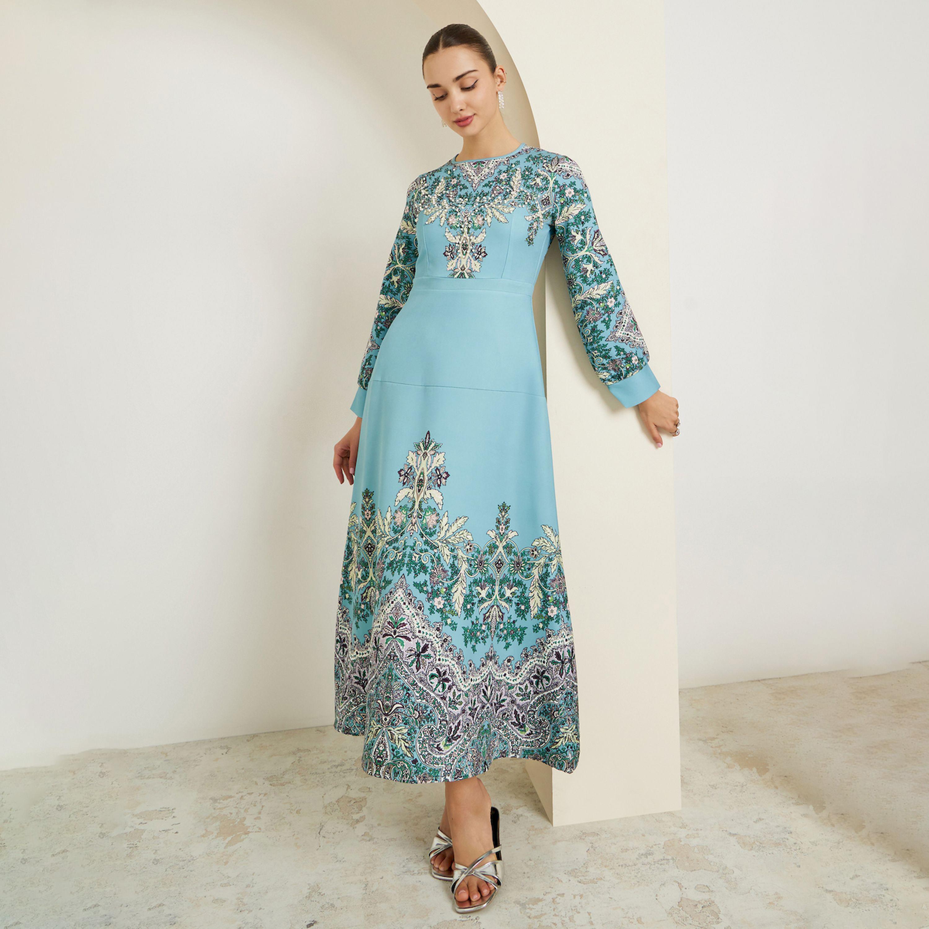 Styli Blue Floral Embellished Long Sleeves Maxi Dress-women-clothing-dresses-image-1