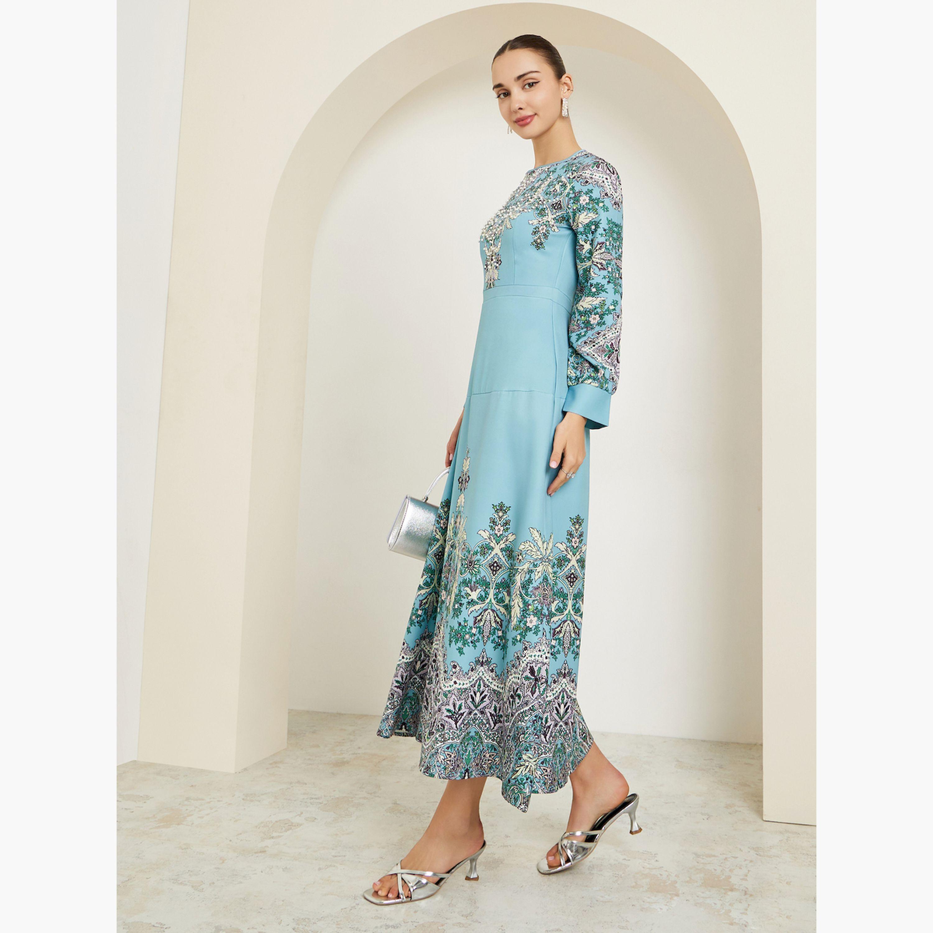 فستان طويل أزرق مطرز بالزهور أكمام طويلة-women-clothing-dresses-image-2