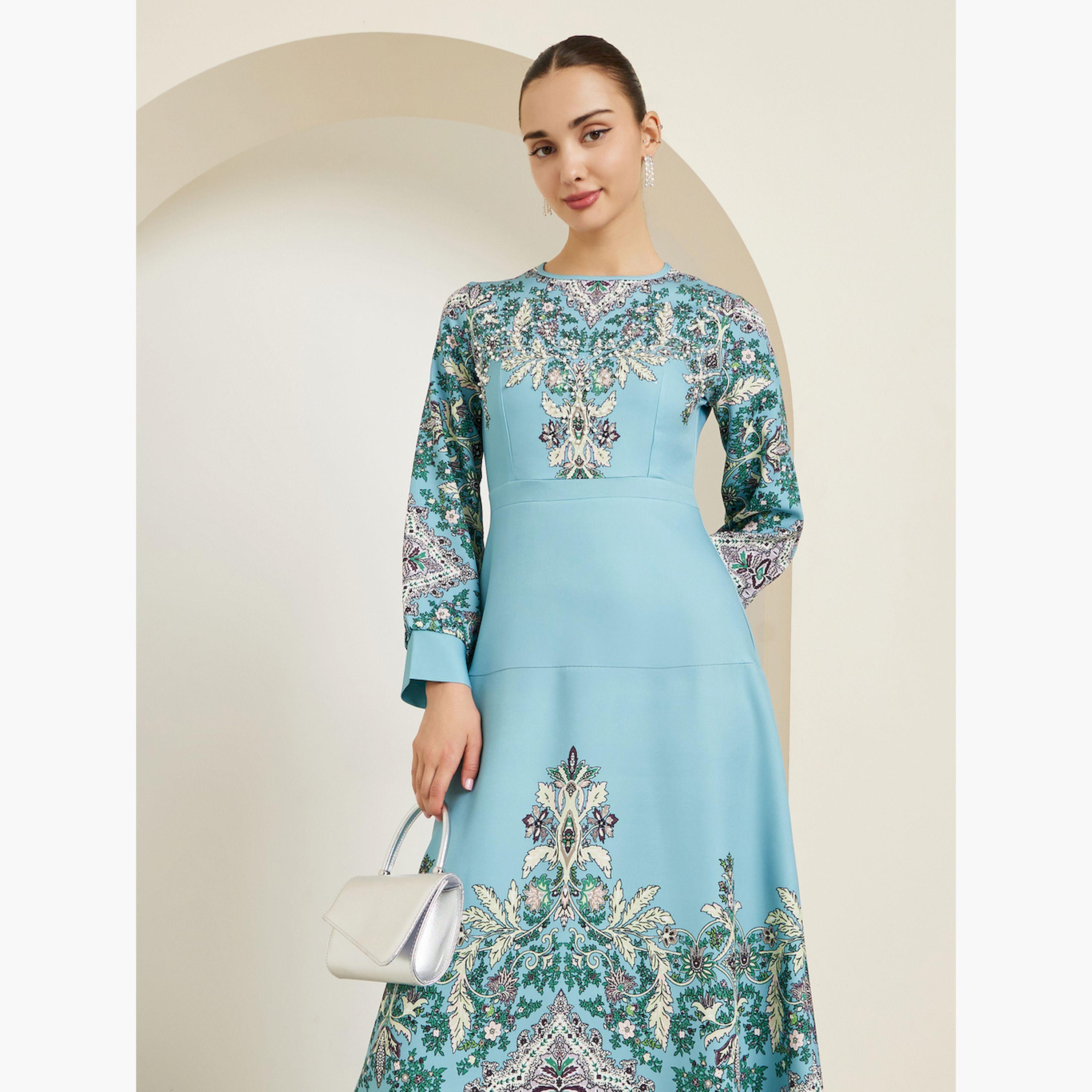 فستان طويل أزرق مطرز بالزهور أكمام طويلة-women-clothing-dresses-image-3