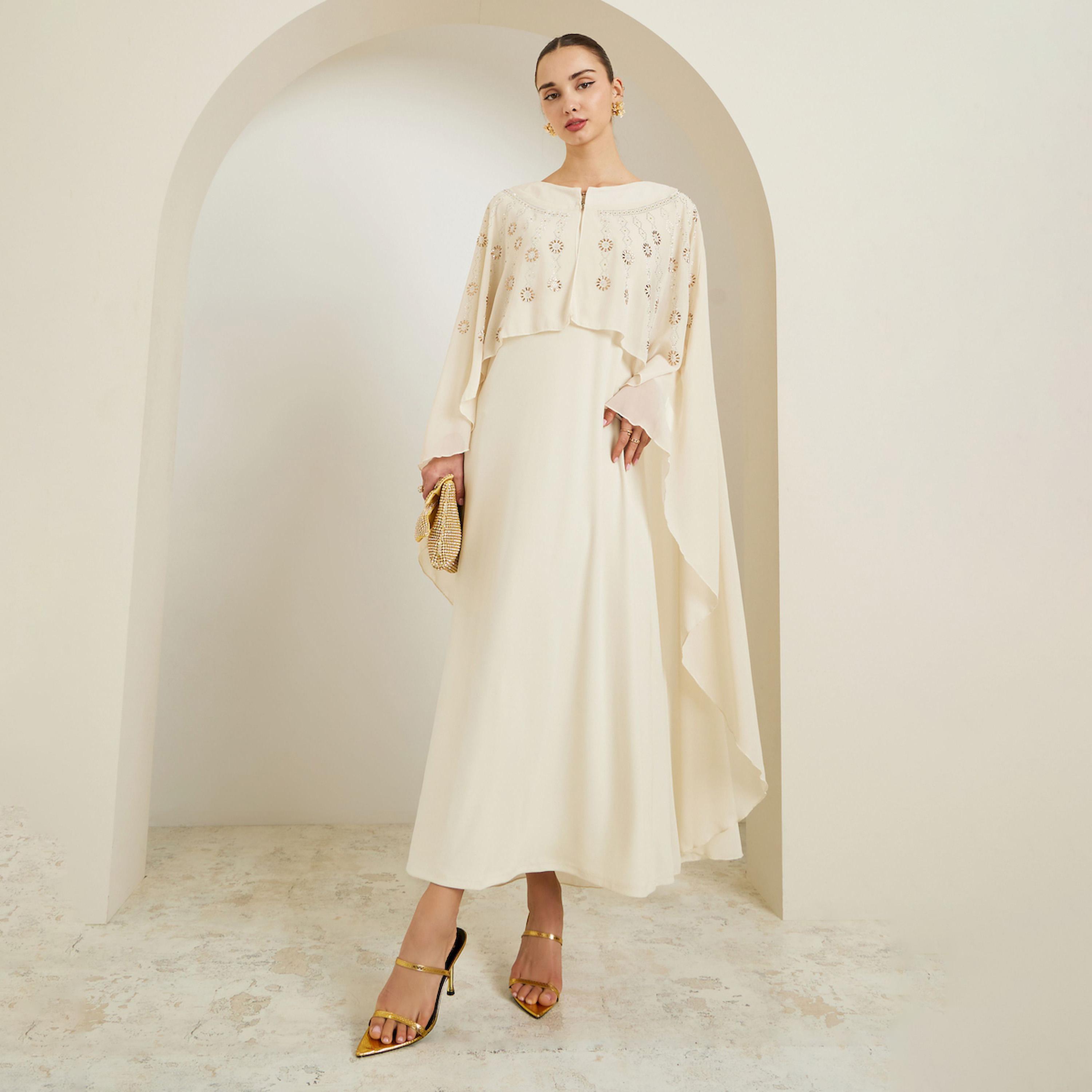 Styli Cream Embellished Cape Sleeve Kaftan Maxi Dress-women-clothing-dresses-image-1
