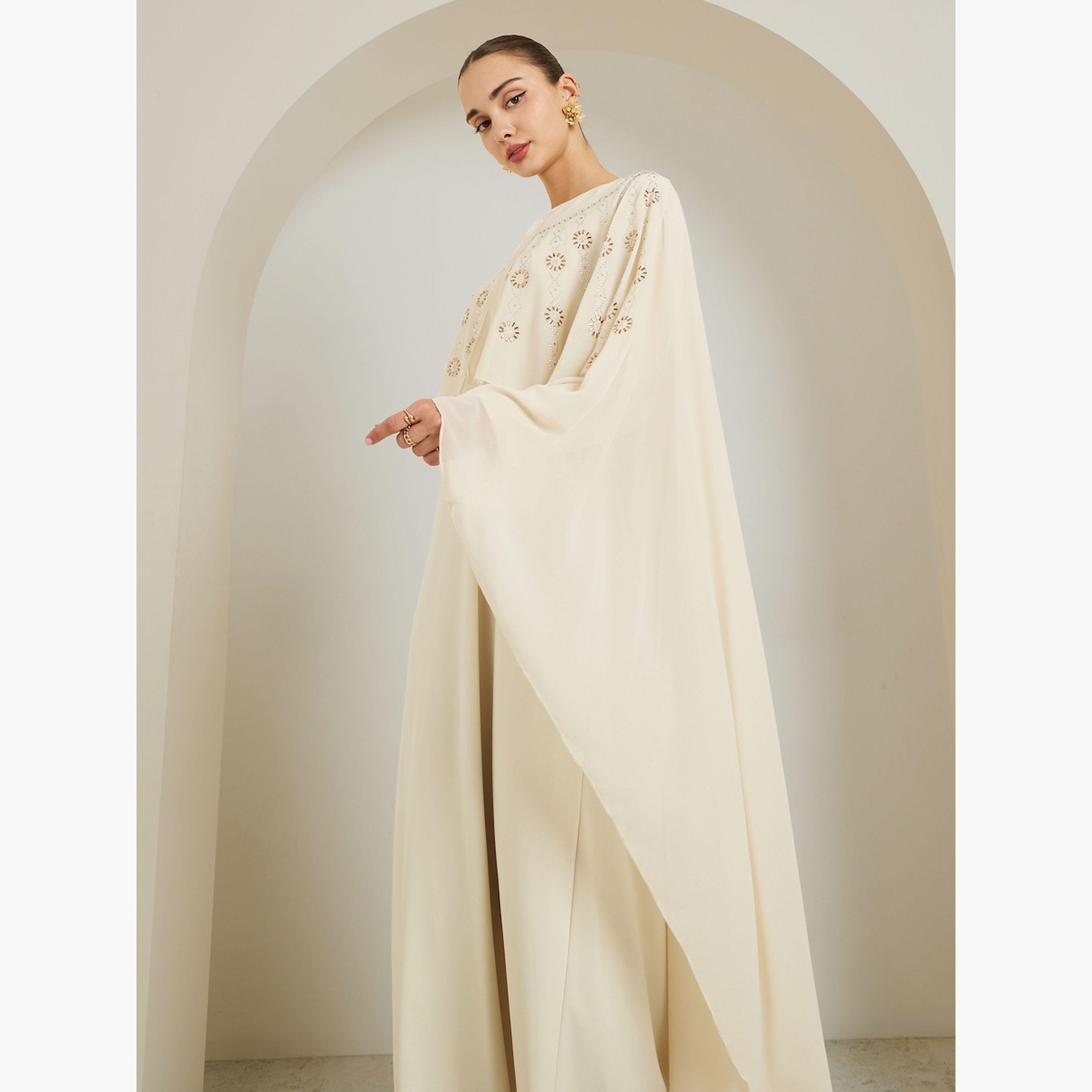 قفطان طويل كريمي بأكمام كيب مزينة-women-clothing-dresses-image-3