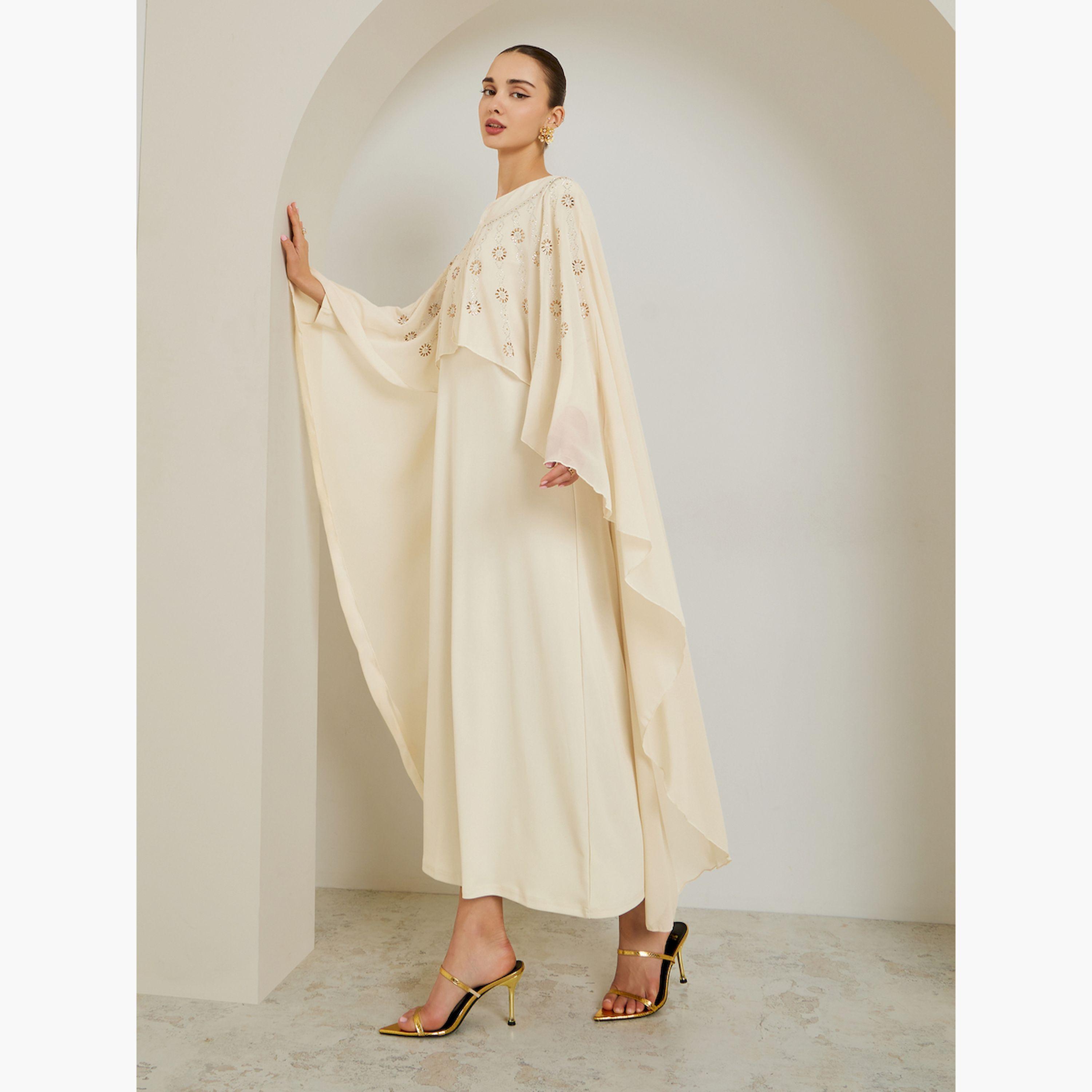 Styli Cream Embellished Cape Sleeve Kaftan Maxi Dress-women-clothing-dresses-image-4