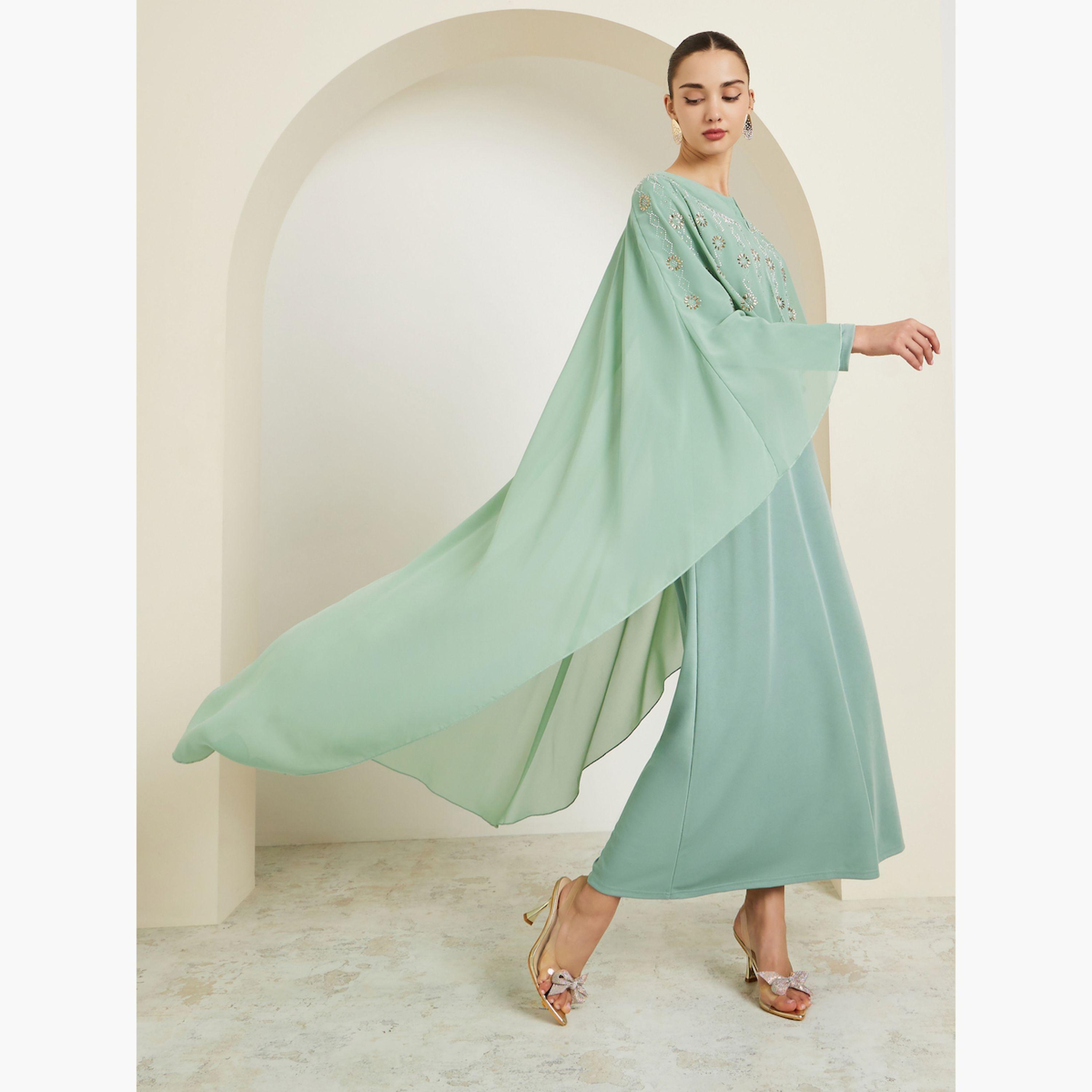 قفطان طويل أخضر بأكمام كيب مزينة-women-clothing-dresses-image-2