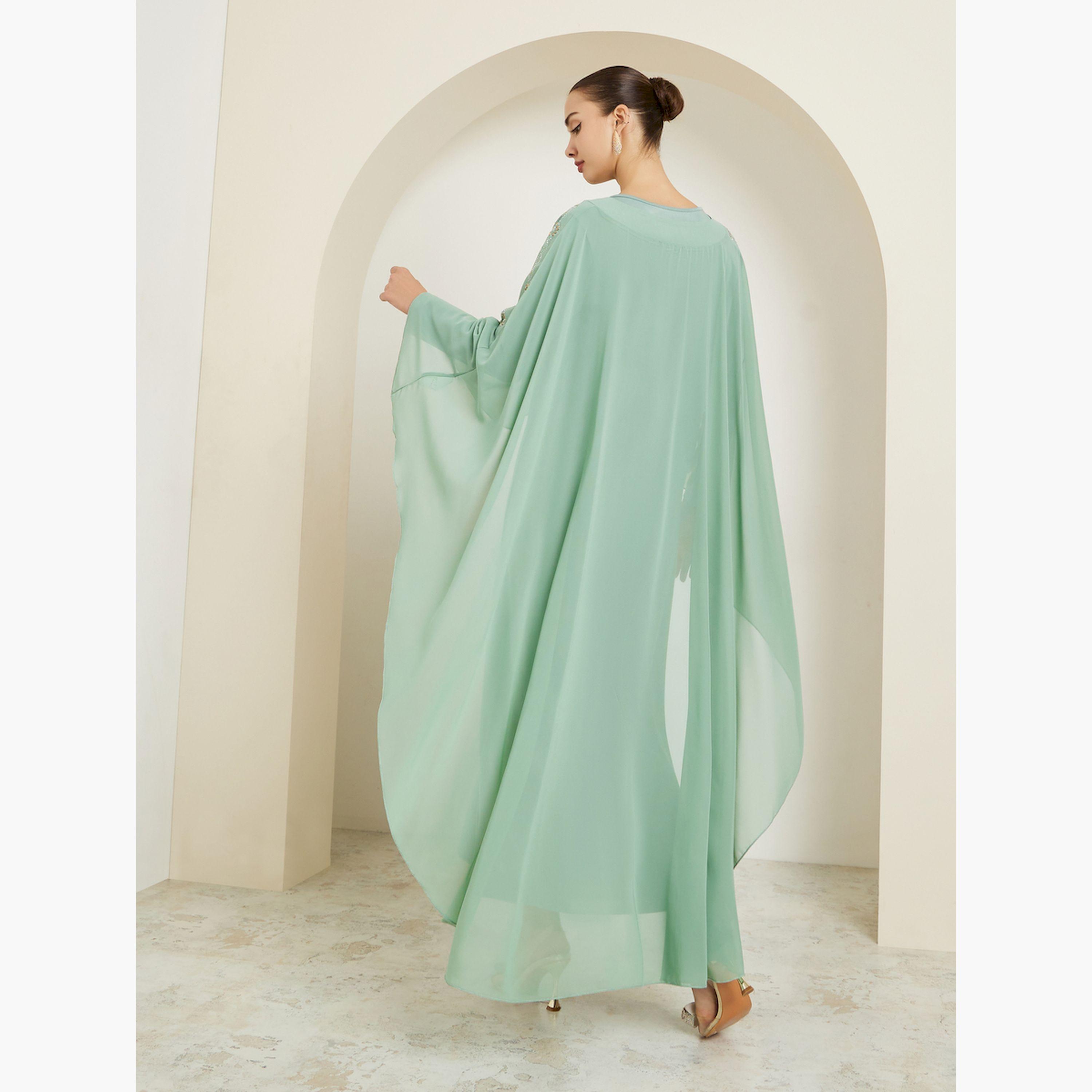قفطان طويل أخضر بأكمام كيب مزينة-women-clothing-dresses-image-5