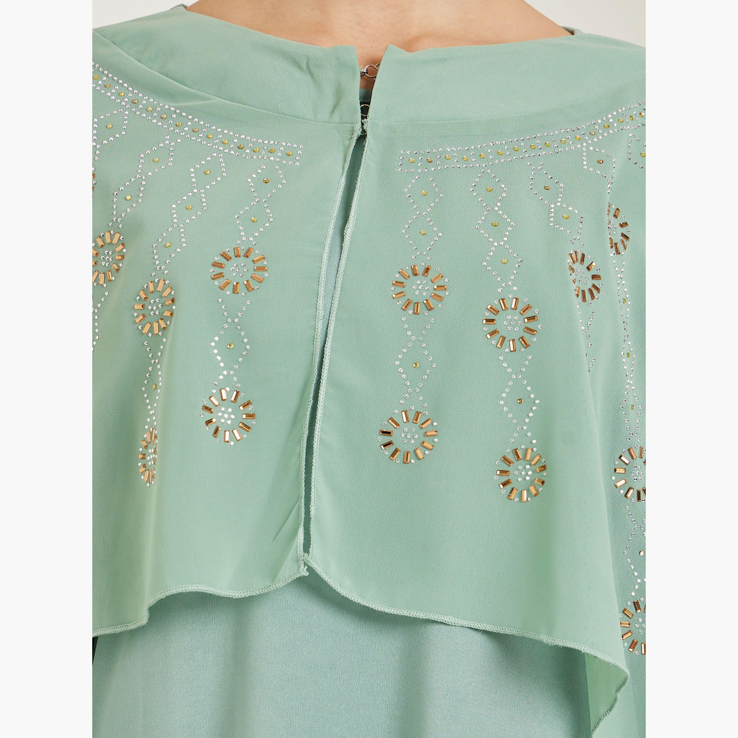 قفطان طويل أخضر بأكمام كيب مزينة-women-clothing-dresses-image-6