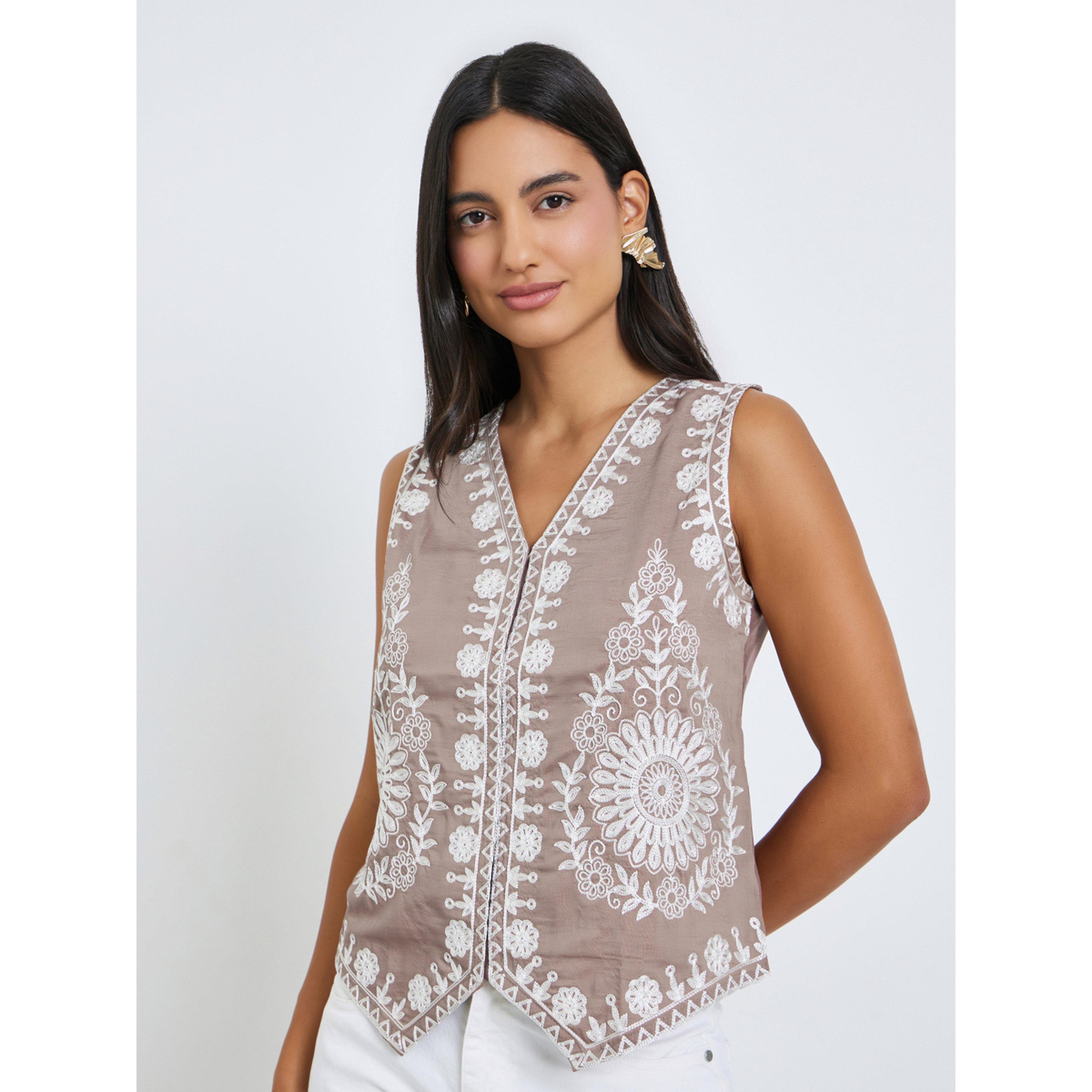 Styli Sleeveless V-Neck Embroidered Waistcoat-women-clothing-tshirts-image-1