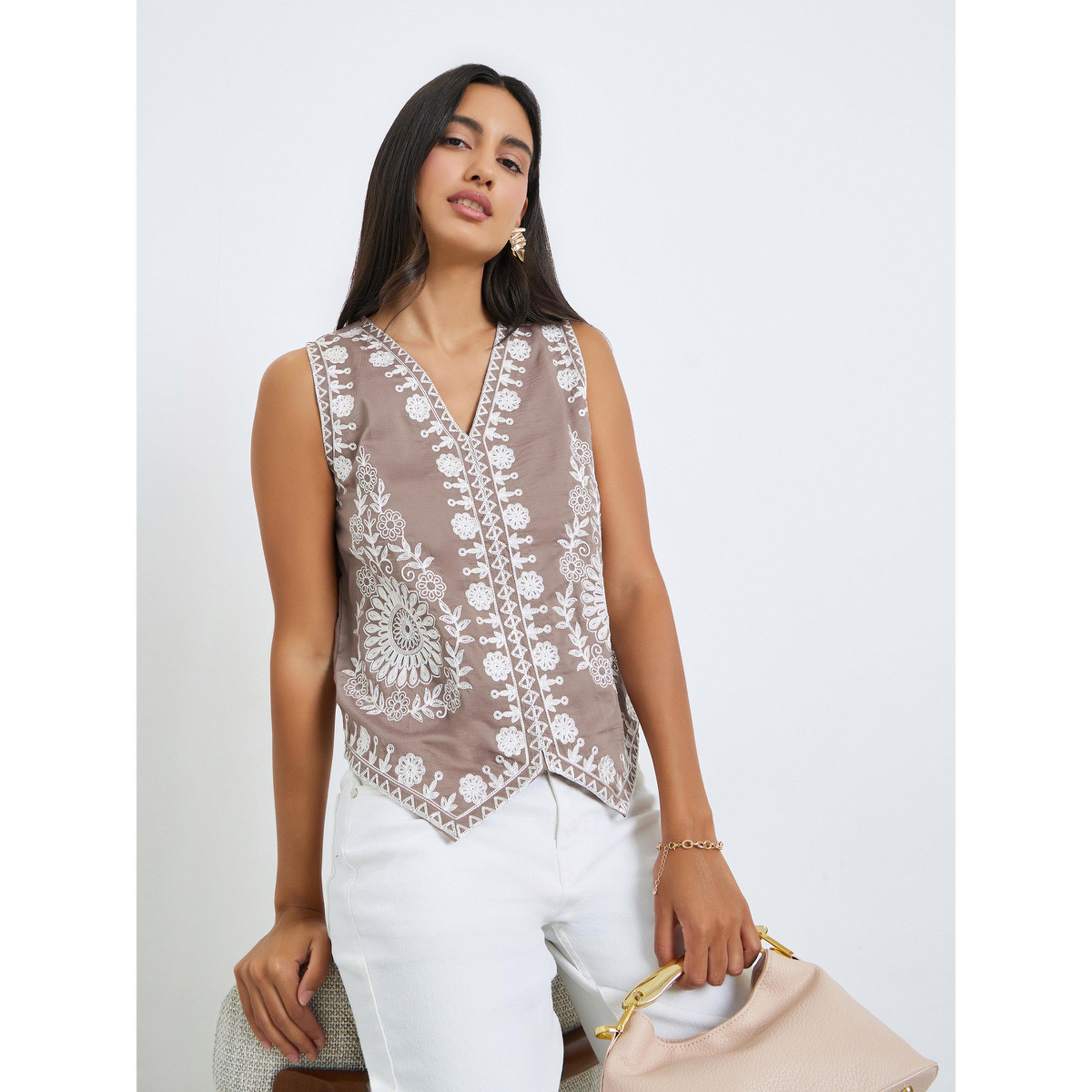 Styli Sleeveless V-Neck Embroidered Waistcoat-women-clothing-tshirts-image-3