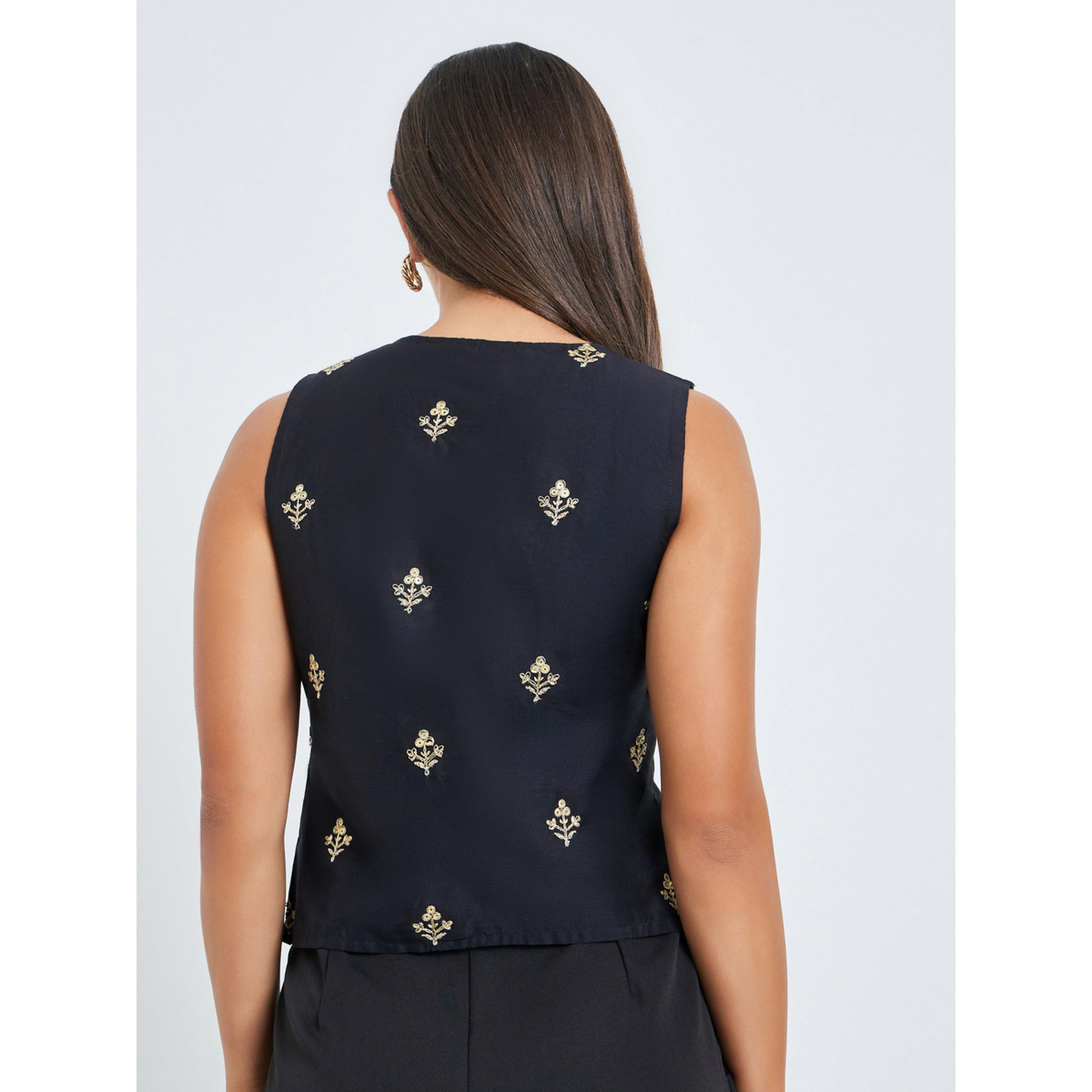 Styli Black Embroidered Sleeveless Waistcoat-women-clothing-tshirts-image-3