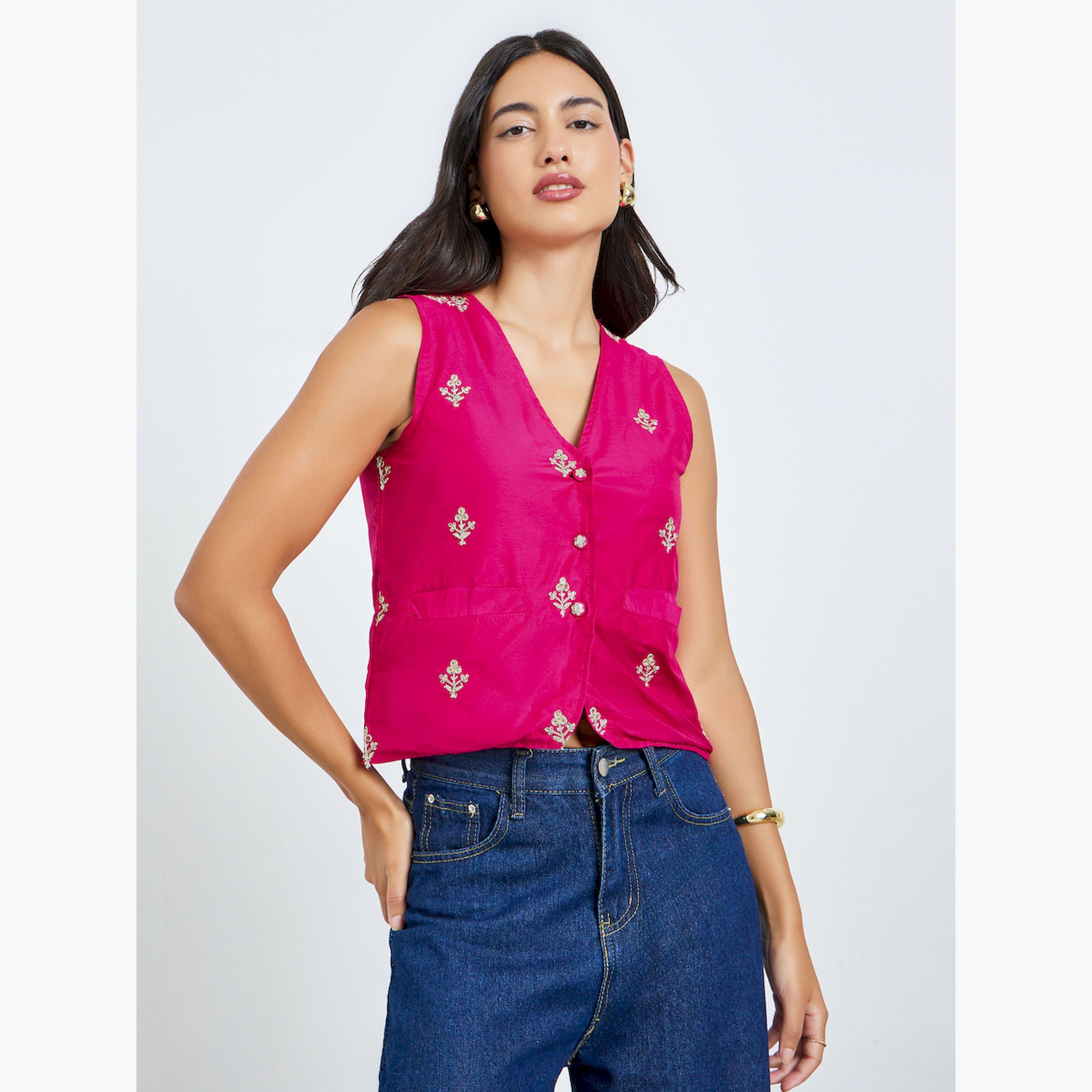Styli Pink Embroidered Sleeveless Waistcoat-women-clothing-shirtsandblouses-blouses-image-1