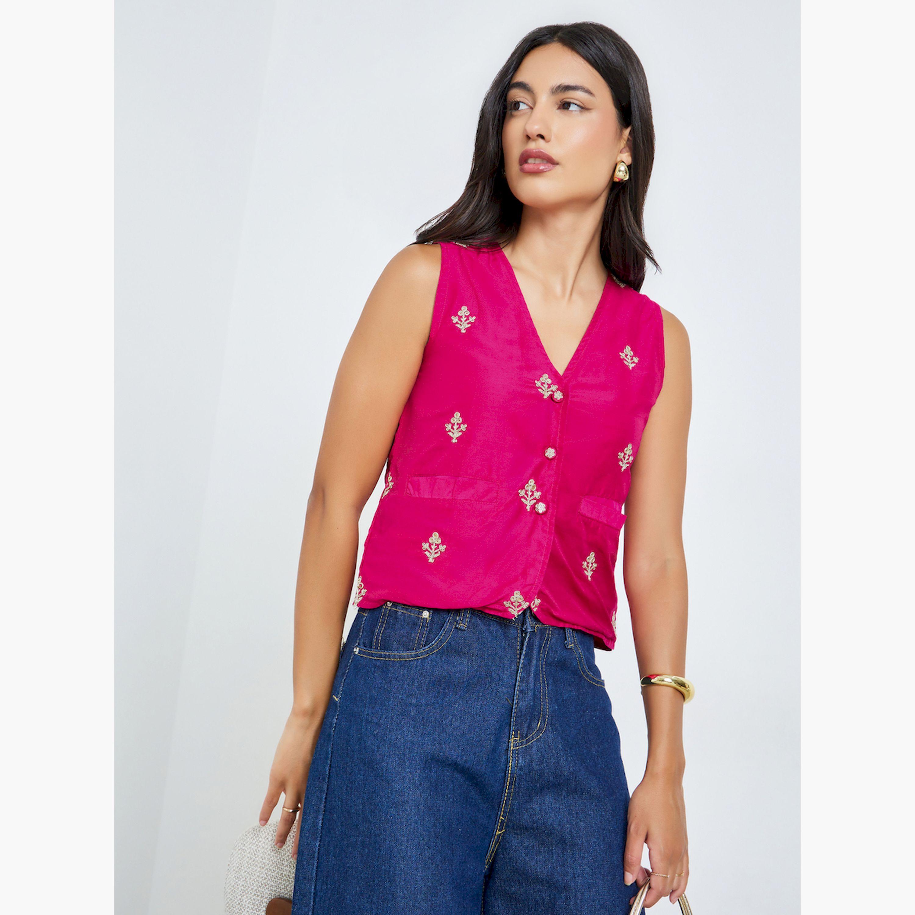 Styli Pink Embroidered Sleeveless Waistcoat-women-clothing-shirtsandblouses-blouses-image-3