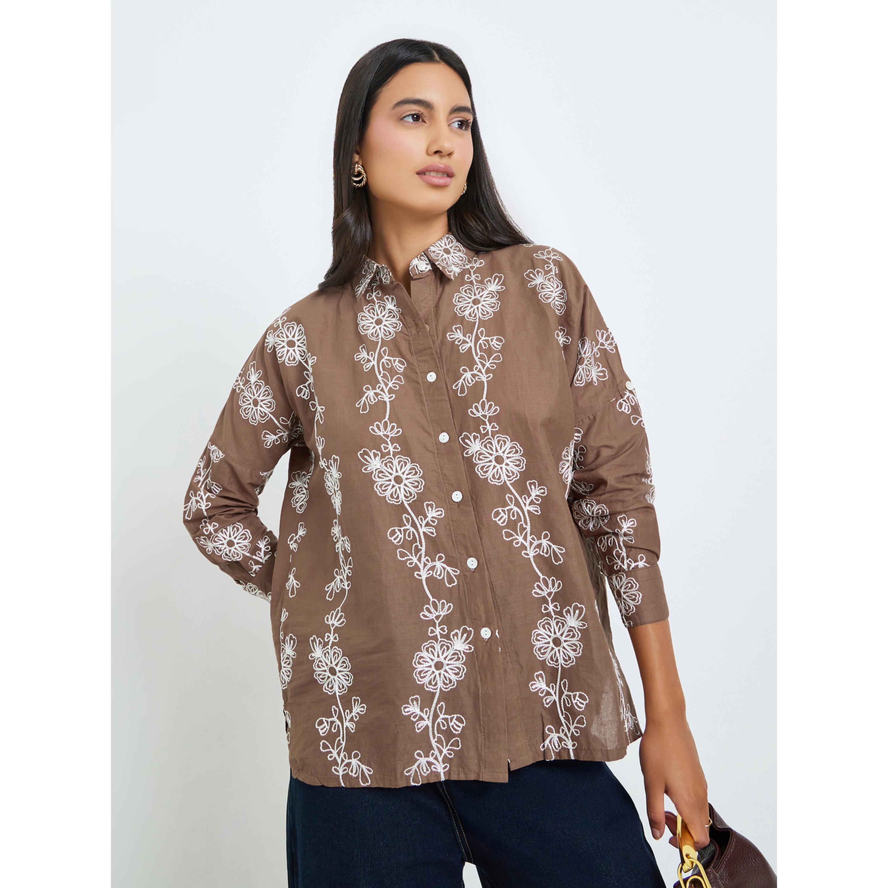 Styli Brown Embroidered Cotton Regular Fit Shirt-women-clothing-shirtsandblouses-shirts-image-1
