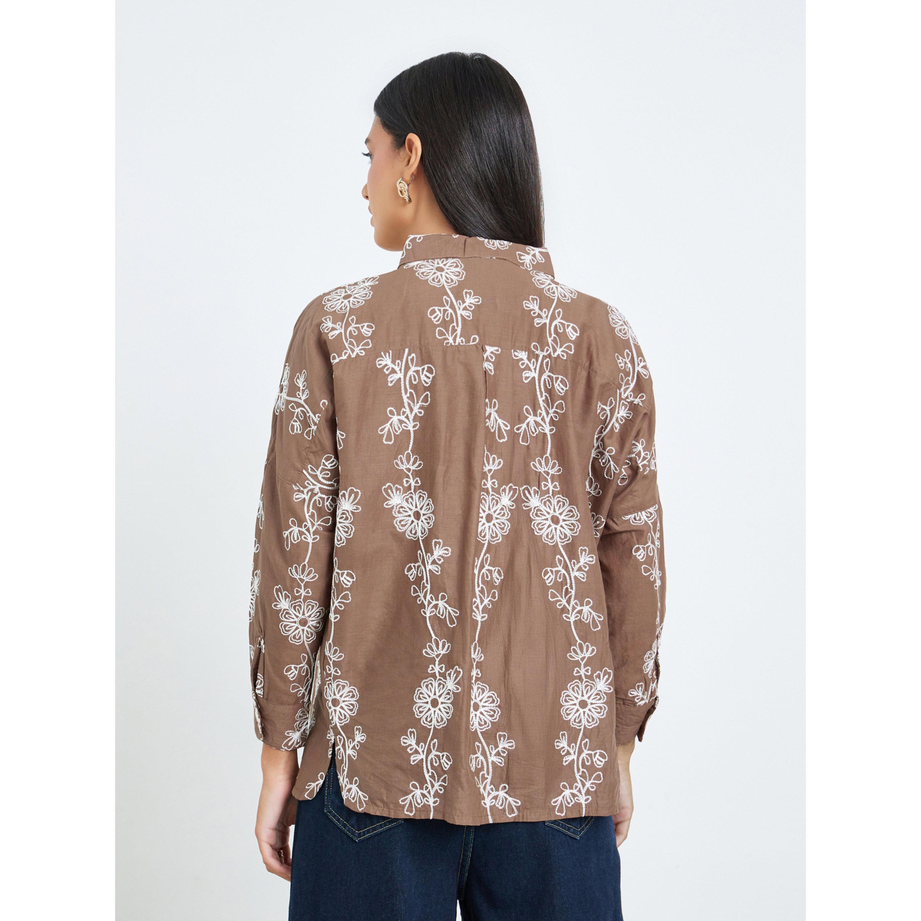Styli Brown Embroidered Cotton Regular Fit Shirt-women-clothing-shirtsandblouses-shirts-image-3