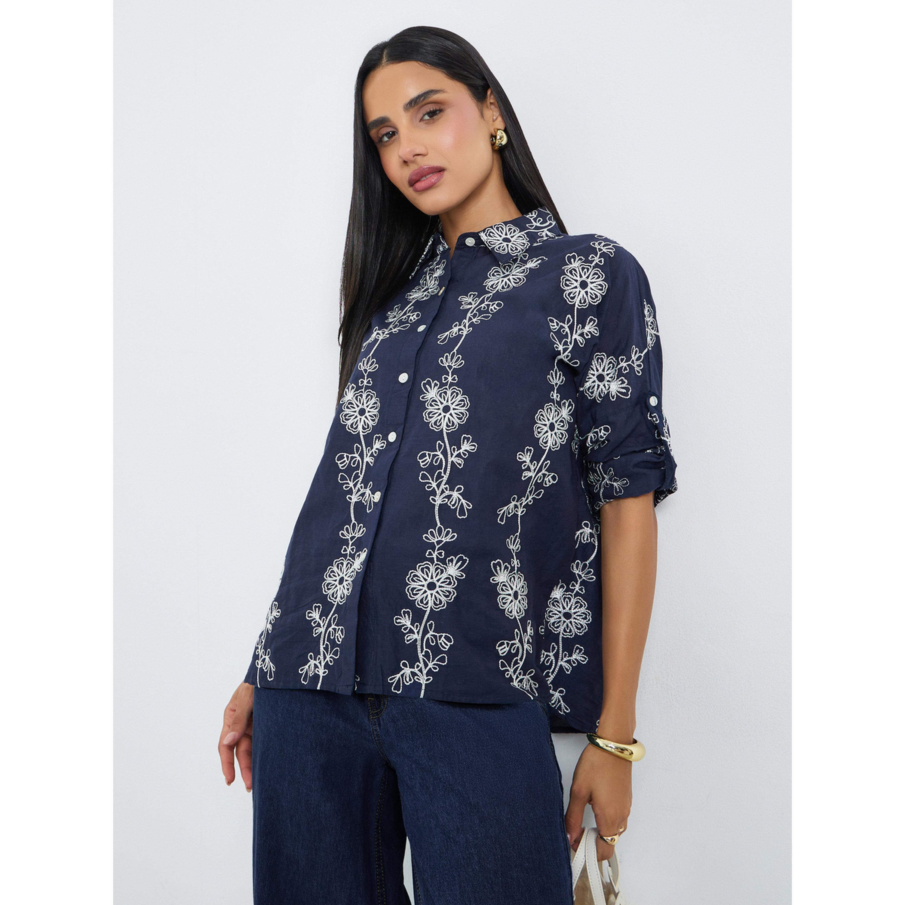 Styli Navy Blue Cotton Embroidered Regular Fit Shirt-women-clothing-shirtsandblouses-shirts-image-3
