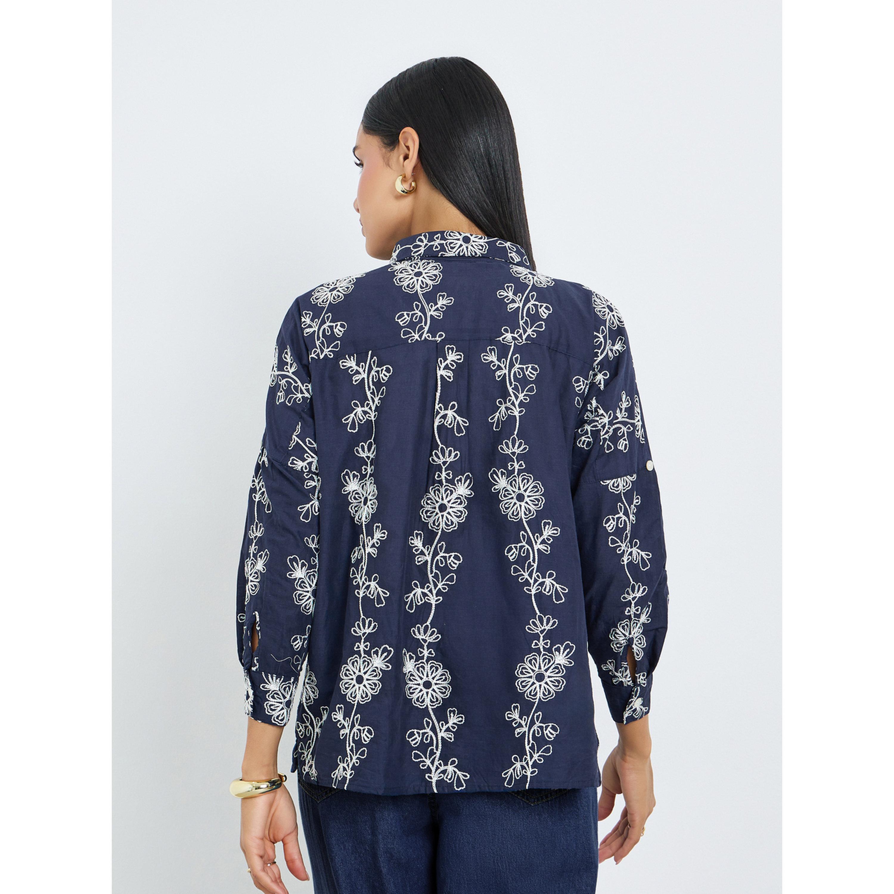 Styli Navy Blue Cotton Embroidered Regular Fit Shirt-women-clothing-shirtsandblouses-shirts-image-4