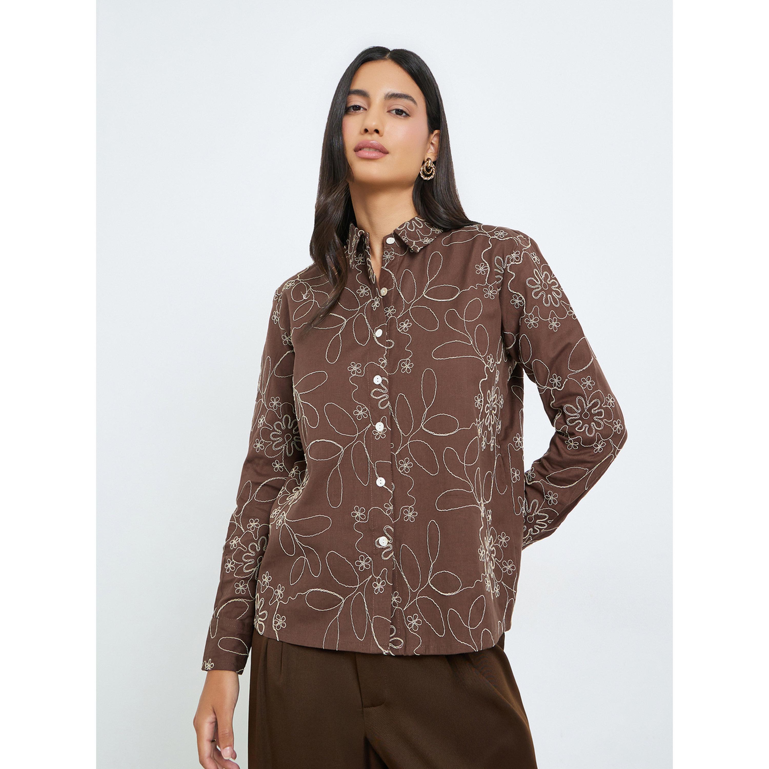Styli Brown Embroidered Cotton Oversized Shirt-women-clothing-shirtsandblouses-shirts-image-1