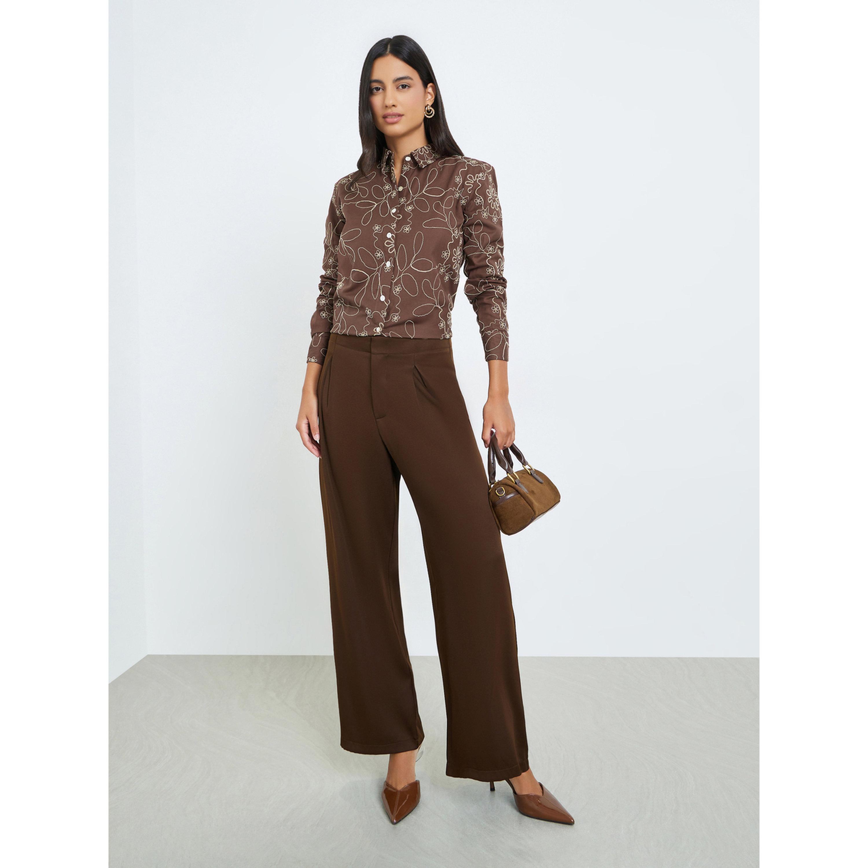 Styli Brown Embroidered Cotton Oversized Shirt-women-clothing-shirtsandblouses-shirts-image-2