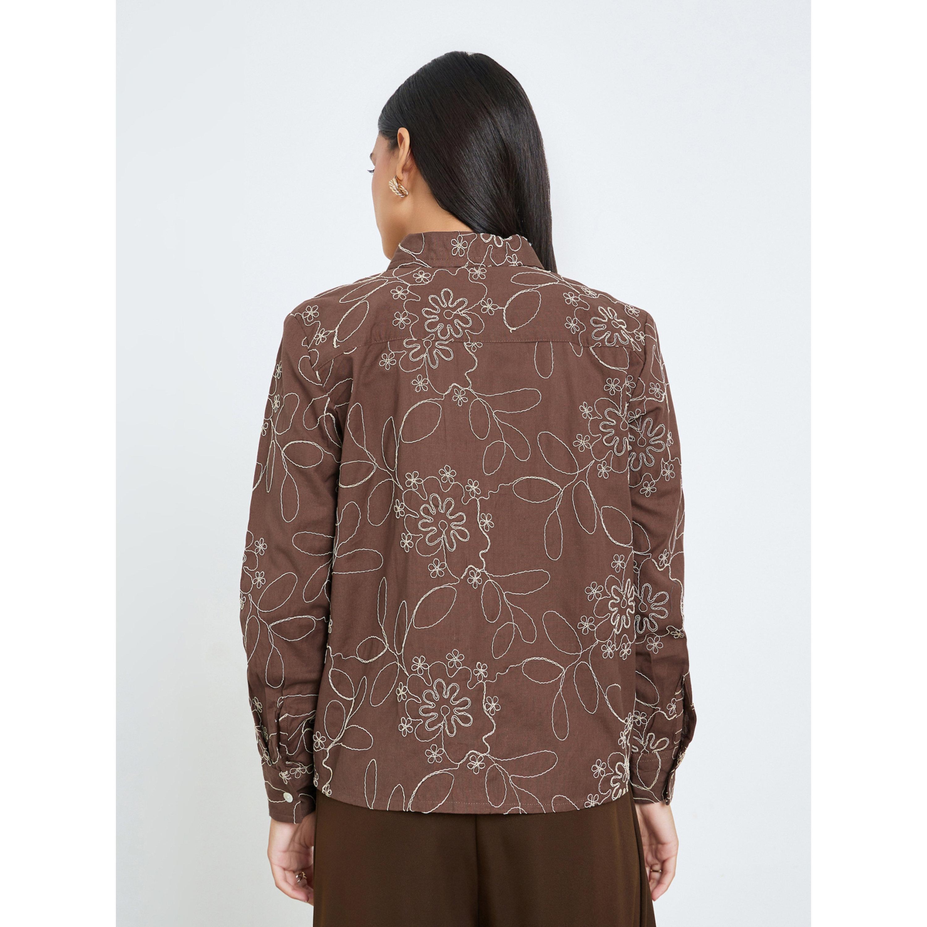 Styli Brown Embroidered Cotton Oversized Shirt-women-clothing-shirtsandblouses-shirts-image-4