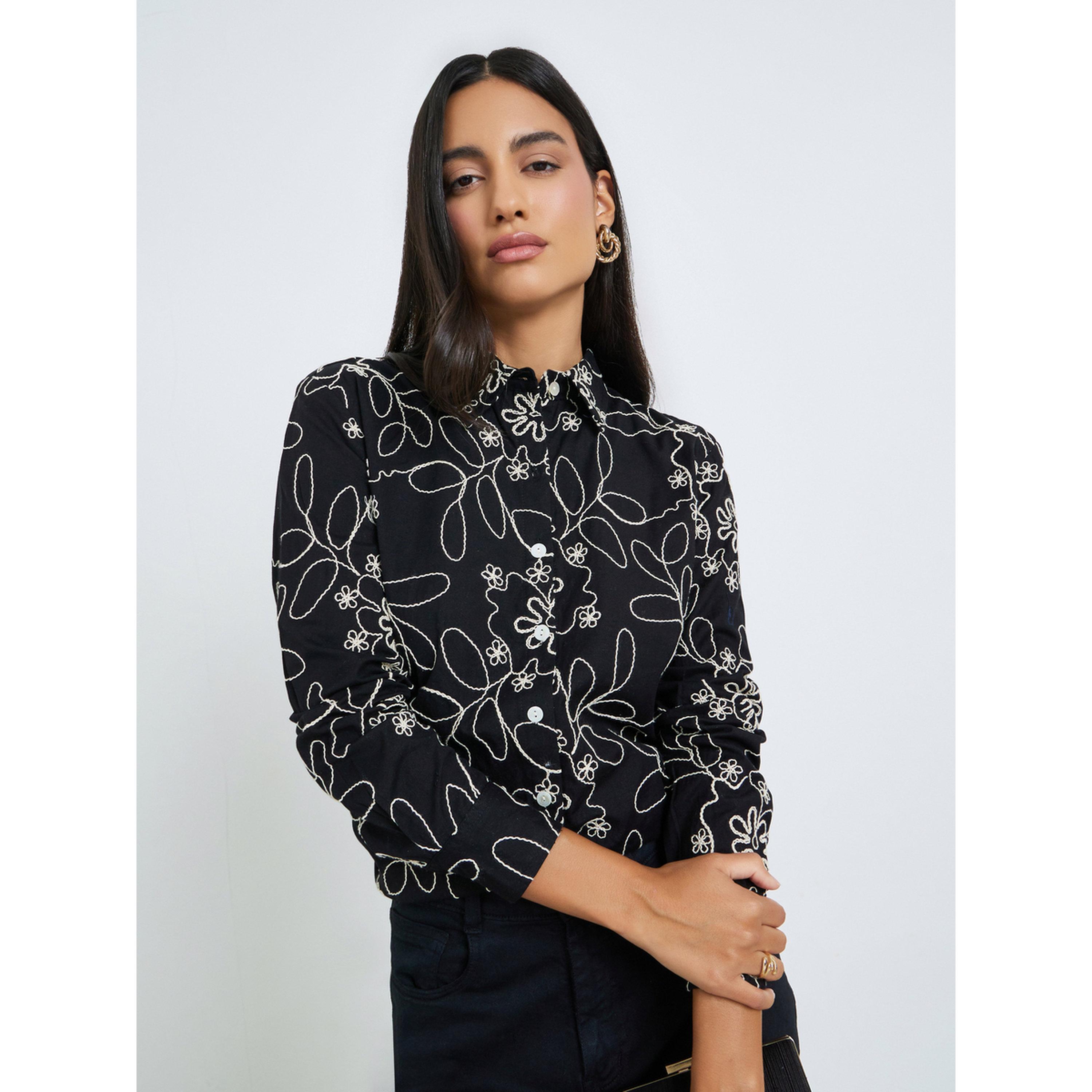 Styli Black Embroidered Cotton Oversized Shirt-women-clothing-shirtsandblouses-shirts-image-3