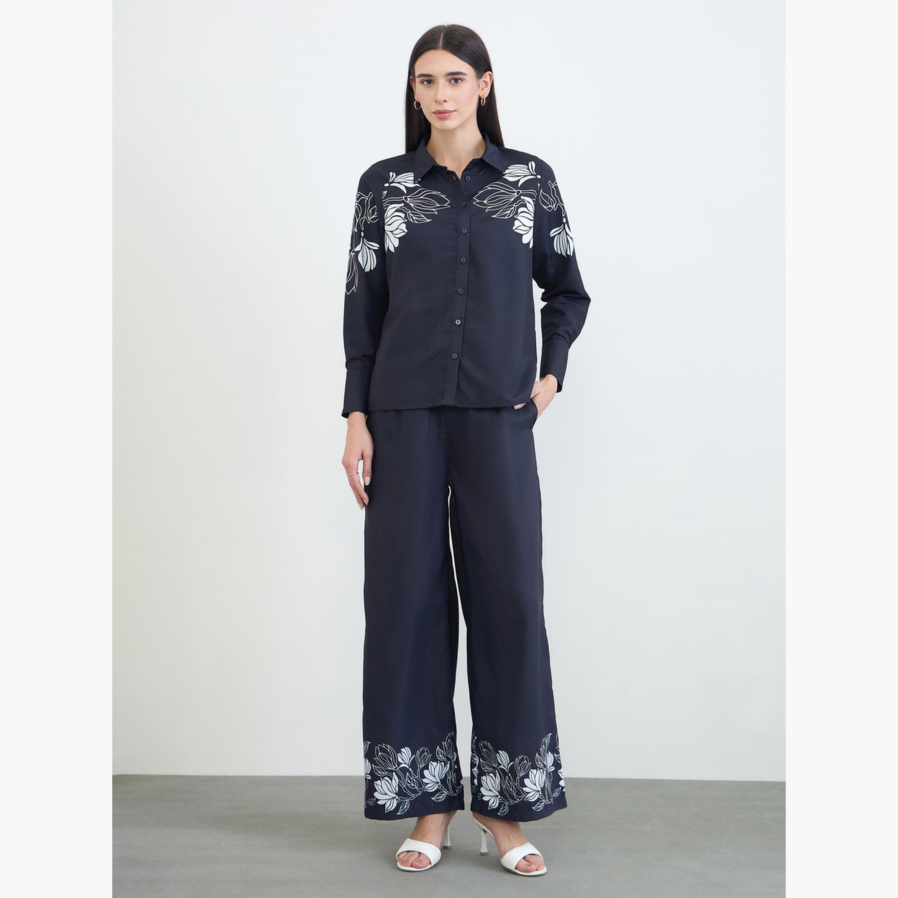 طقم منسق من بنطال وبلوزة قطن بطبعة زهور-women-clothing-coordsets-image-1
