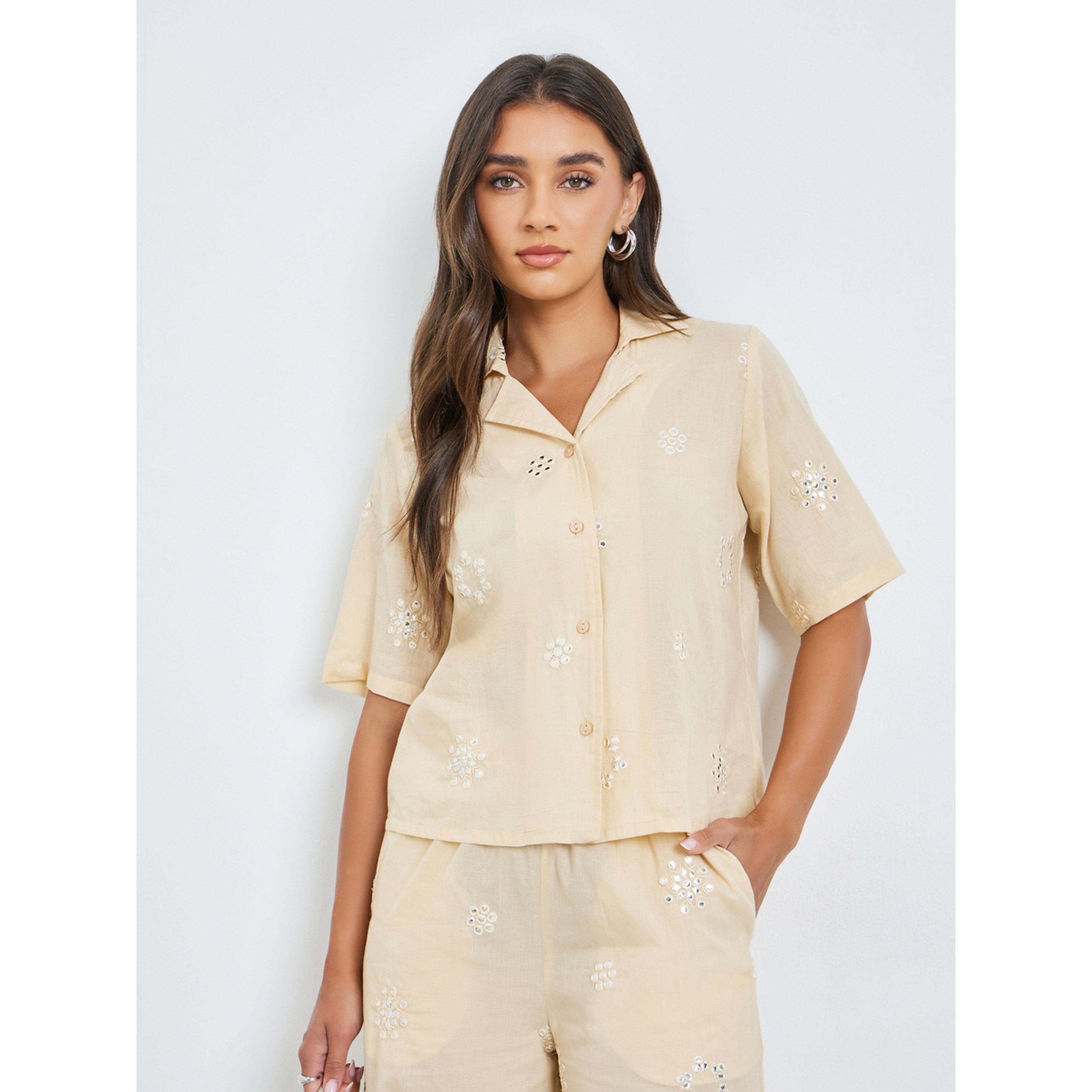 Styli Beige Embroidered Cotton Shirt and Pants Co-ords-women-clothing-coordsets-image-1