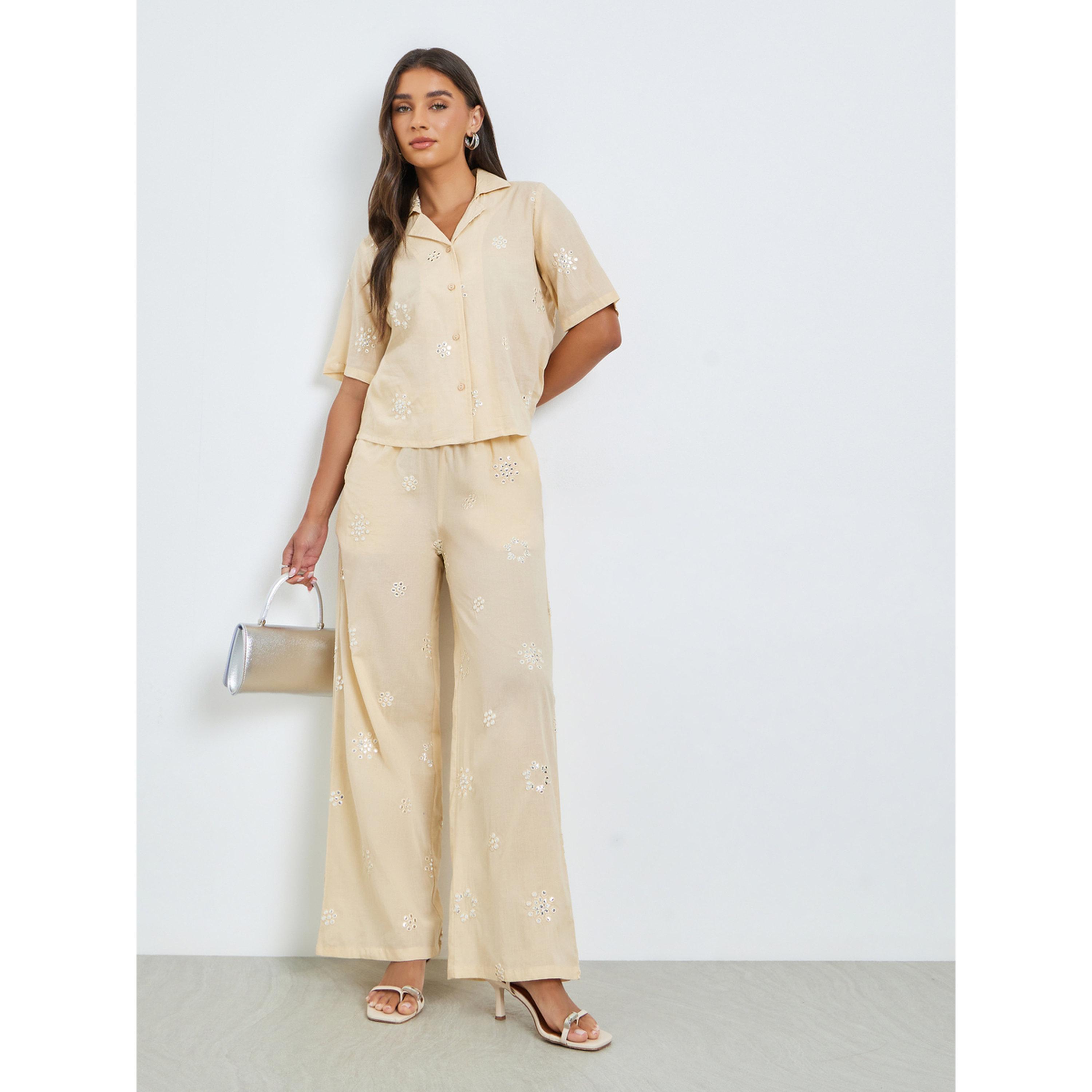 Styli Beige Embroidered Cotton Shirt and Pants Co-ords-women-clothing-coordsets-image-2