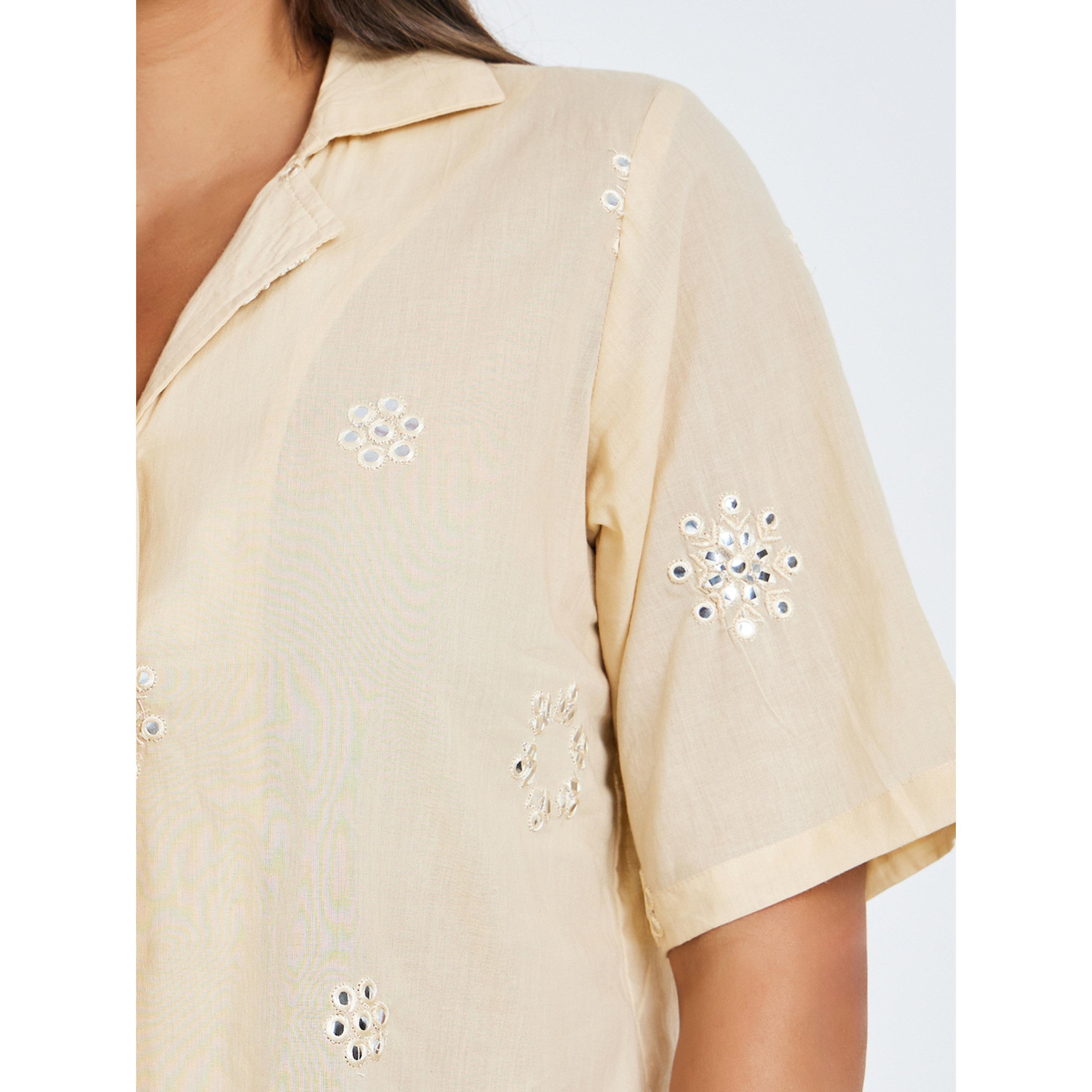 Styli Beige Embroidered Cotton Shirt and Pants Co-ords-women-clothing-coordsets-image-6