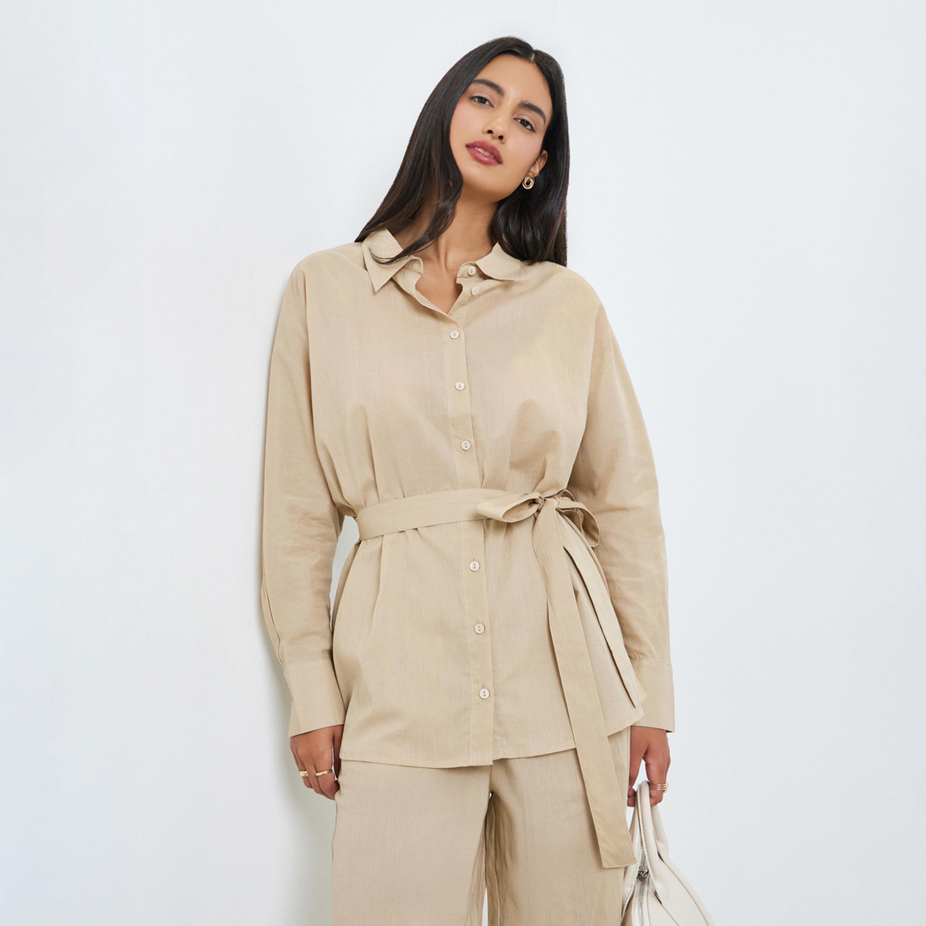 طقم منسق من بنطال وبلوزة قطن بقصة واسعة-women-clothing-coordsets-image-1