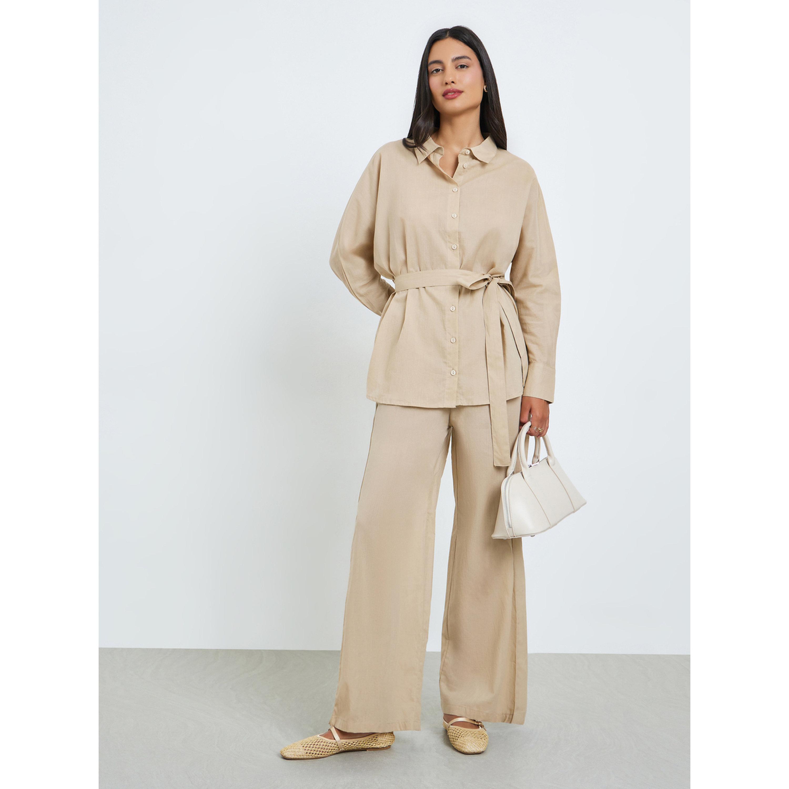 Styli Beige Oversized Cotton Shirt and Pants Co-ords-women-clothing-coordsets-image-2