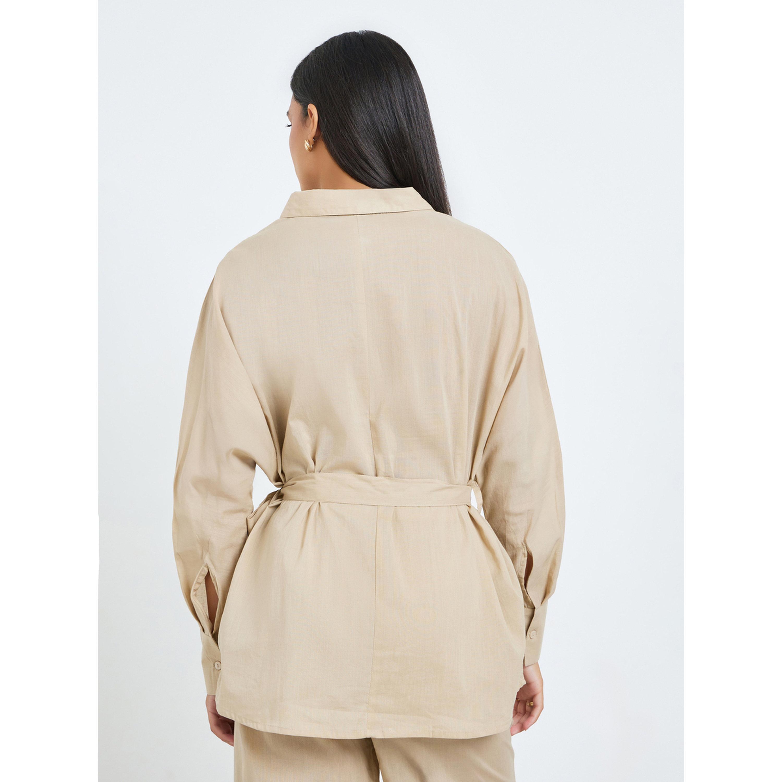 Styli Beige Oversized Cotton Shirt and Pants Co-ords-women-clothing-coordsets-image-3