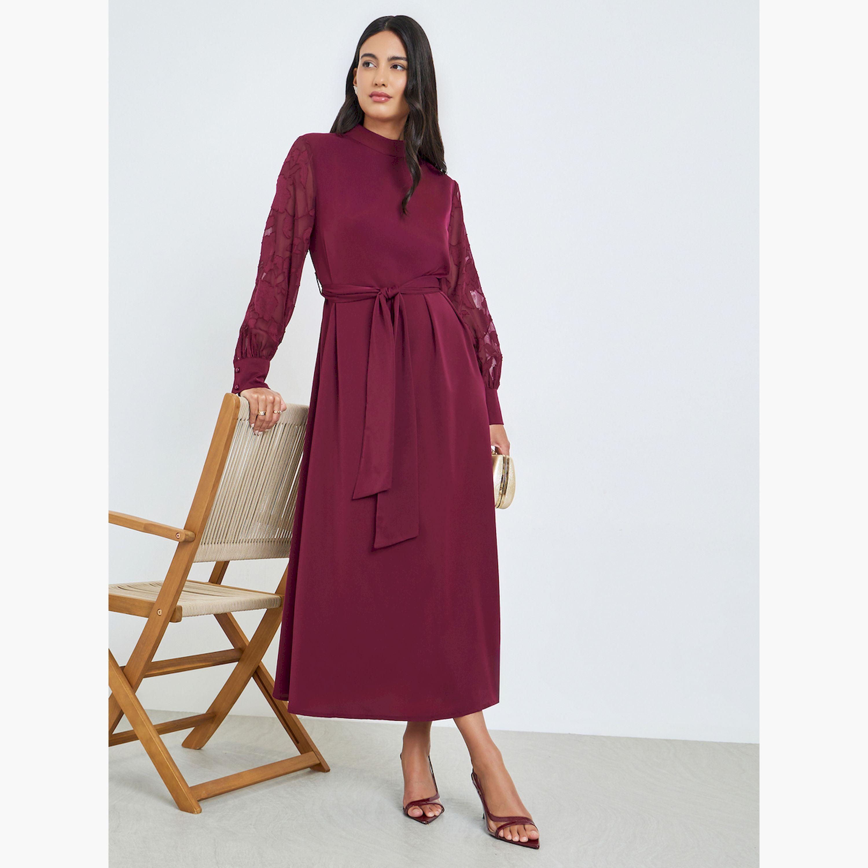 Styli Maroon Cuffed Sleeves A-Line Maxi Dress-women-clothing-dresses-image-1
