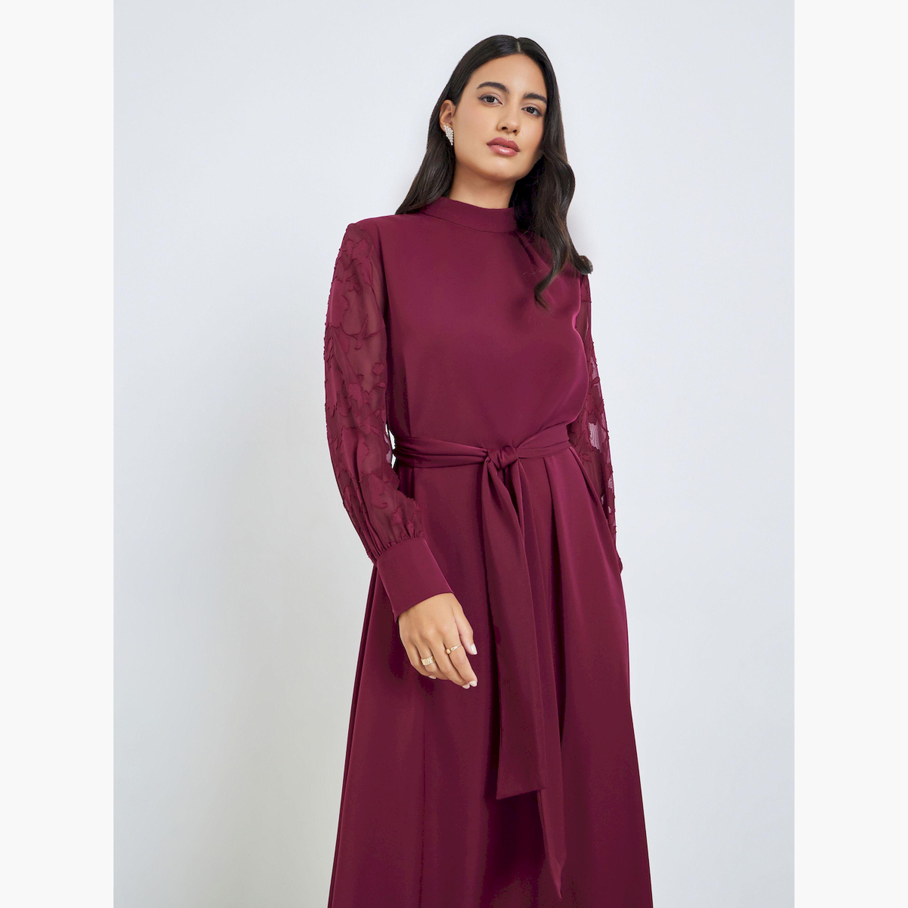 Styli Maroon Cuffed Sleeves A-Line Maxi Dress-women-clothing-dresses-image-2