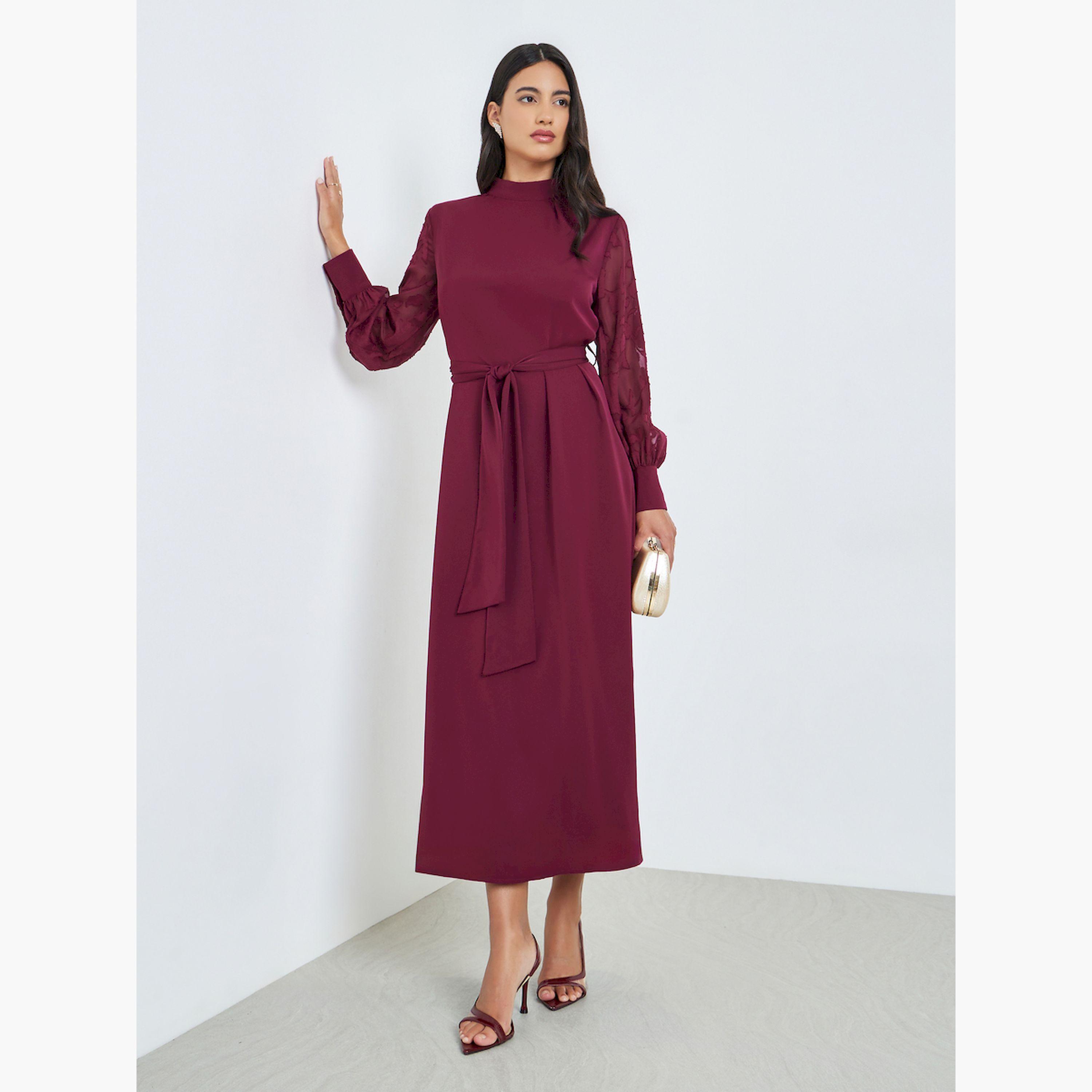 Styli Maroon Cuffed Sleeves A-Line Maxi Dress-women-clothing-dresses-image-3