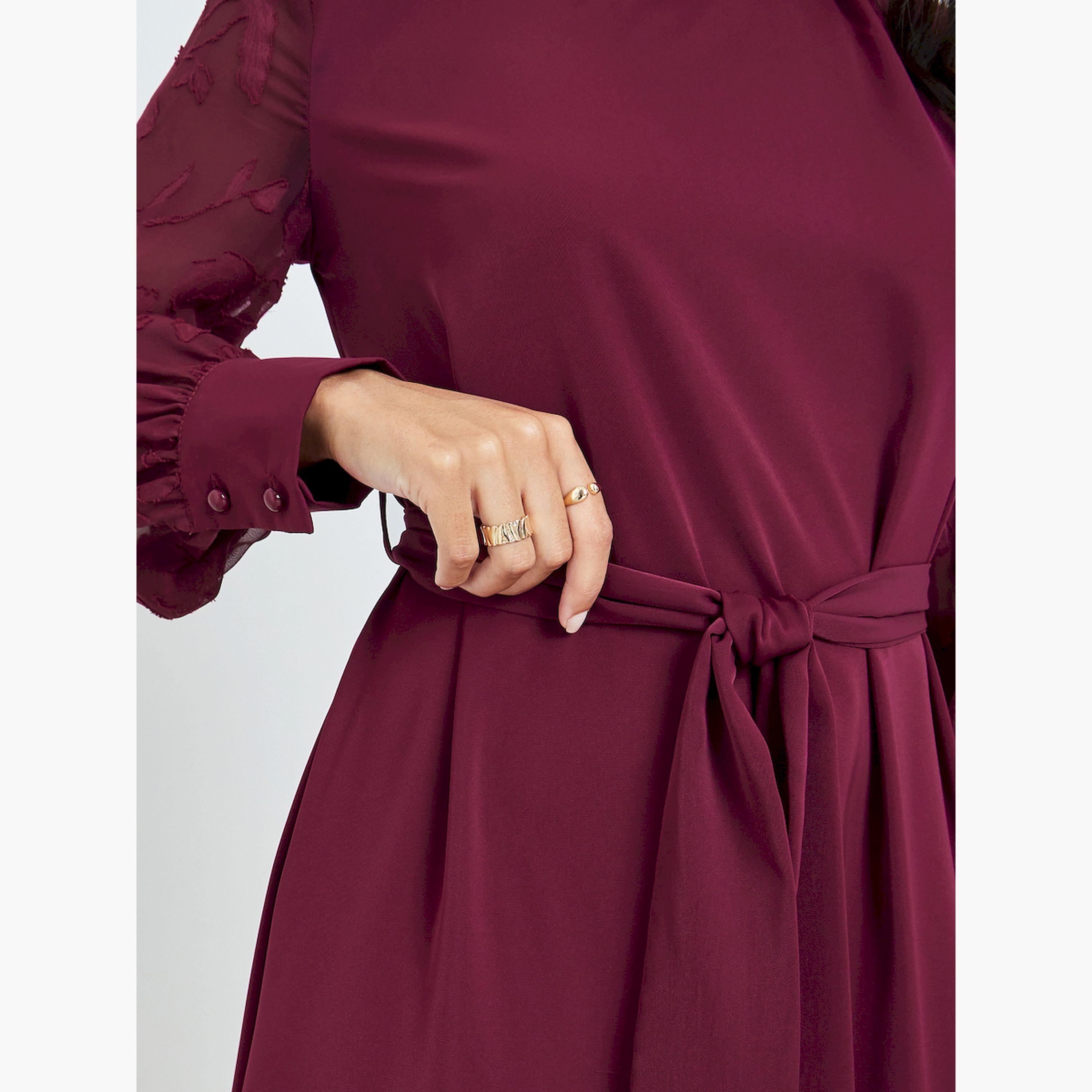 Styli Maroon Cuffed Sleeves A-Line Maxi Dress-women-clothing-dresses-image-4