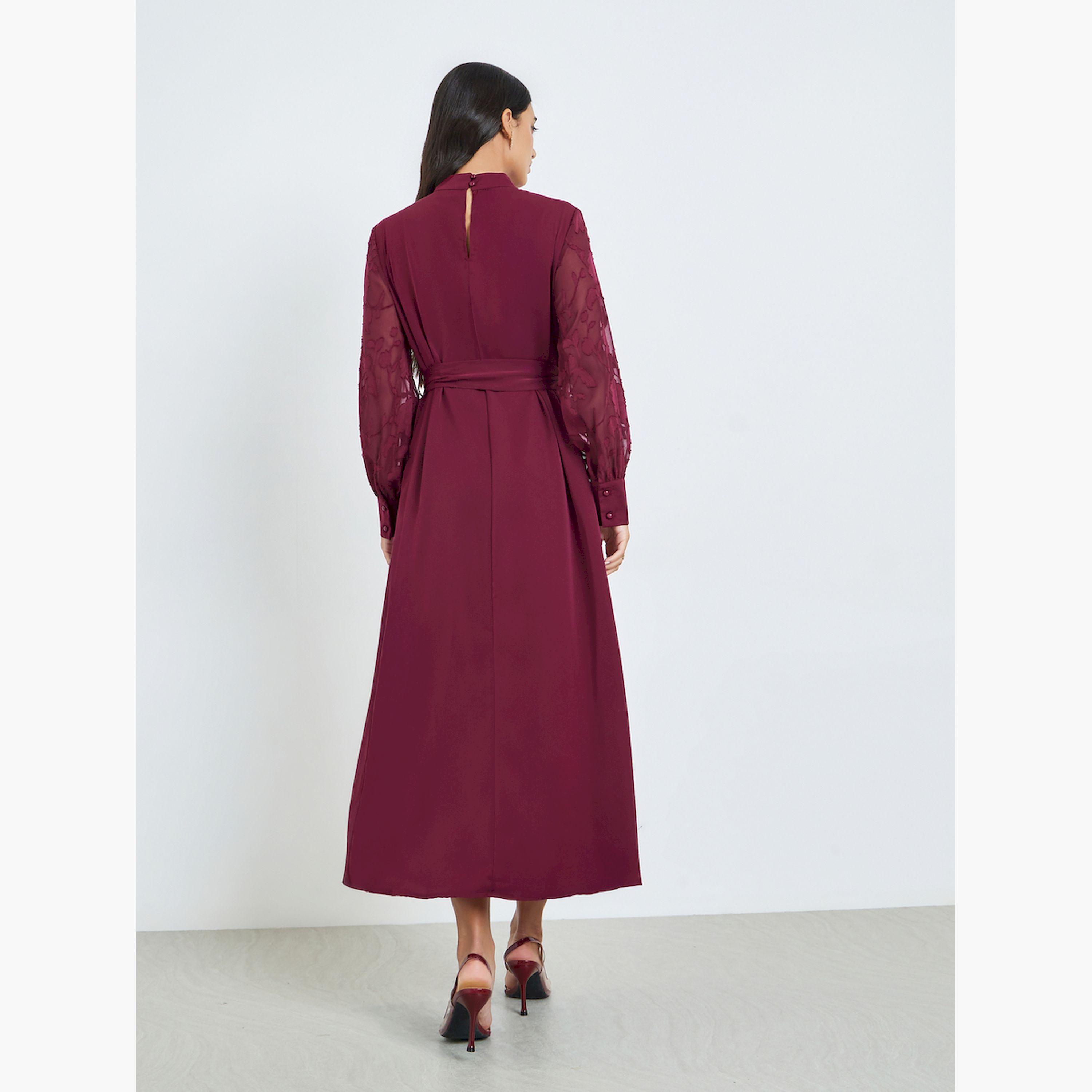 Styli Maroon Cuffed Sleeves A-Line Maxi Dress-women-clothing-dresses-image-5